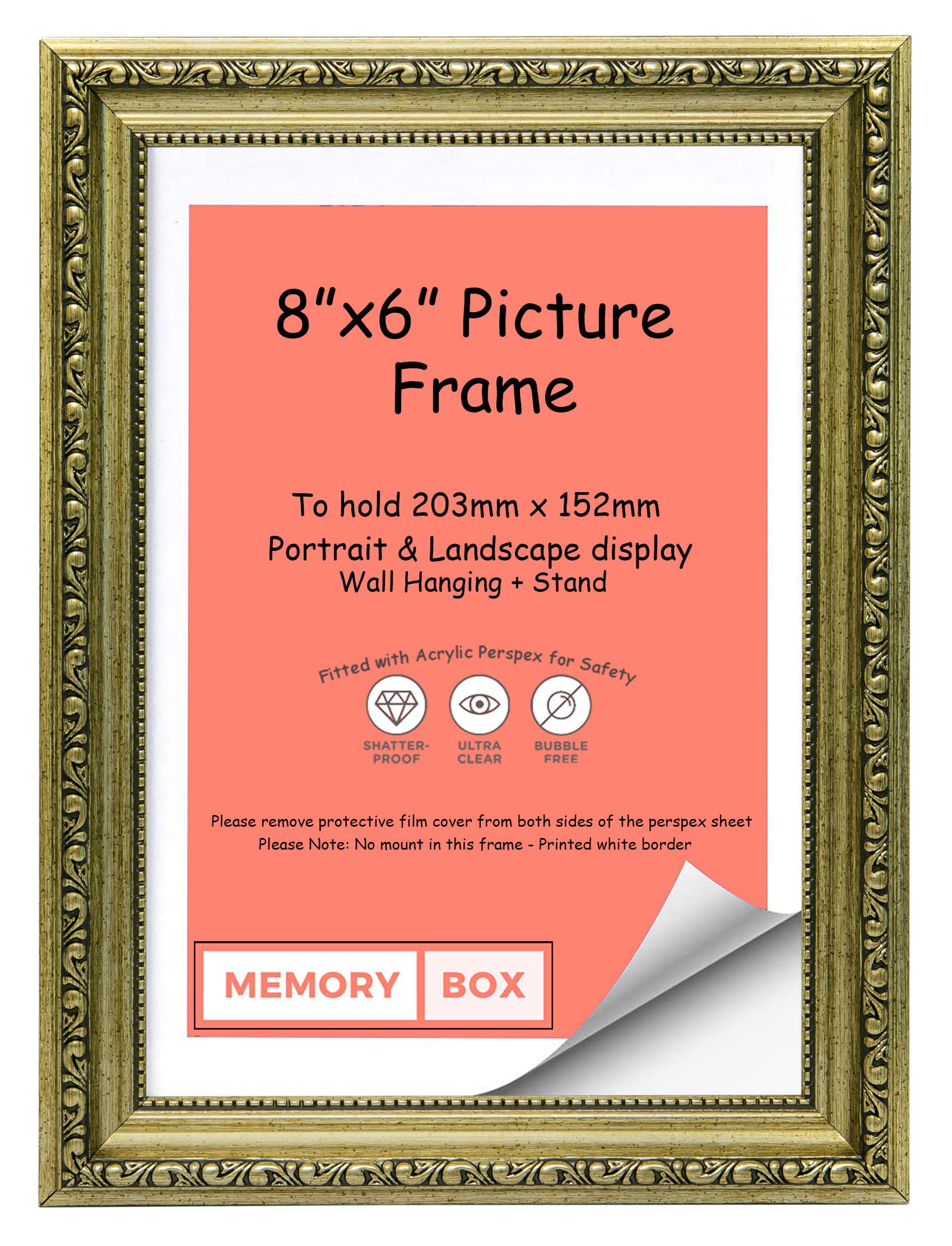 Memory Box Ornate Shabby Chic Picture/Photo/Poster frame with Real Glass - (20.3 x 15.2cm) Champagne 8" x 6"