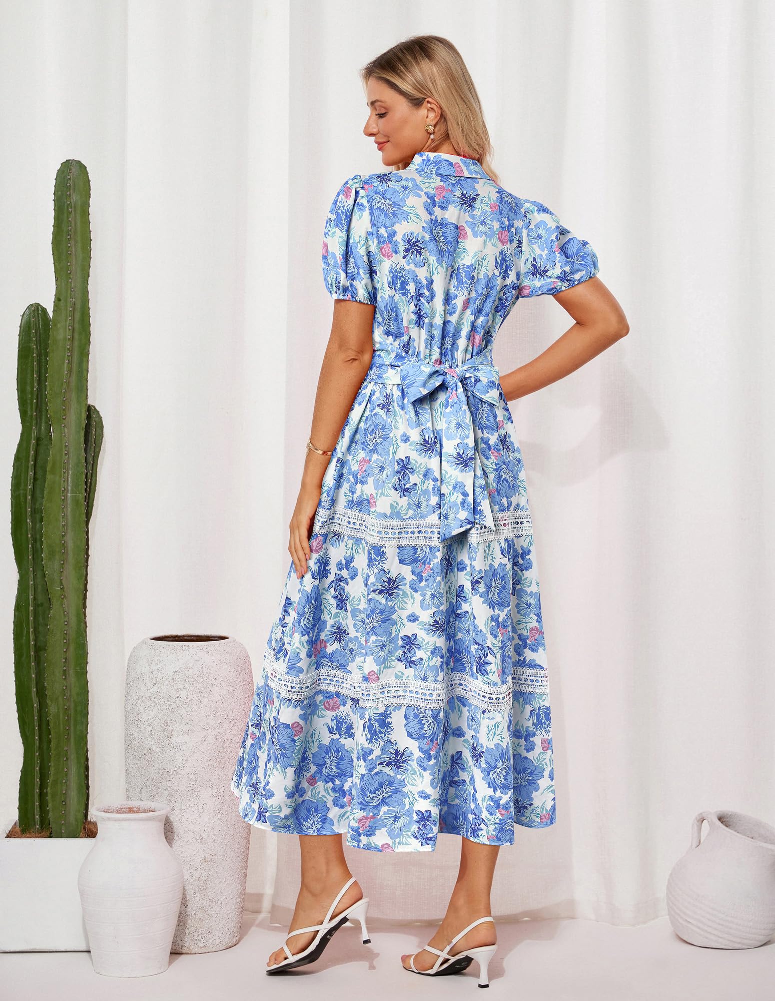 GRACE KARIN Women's 2026 Summer Floral Flowy Dresses Boho Tie Belt Short Puff Sleeve A Line Maxi Shirt Dress with Pocket