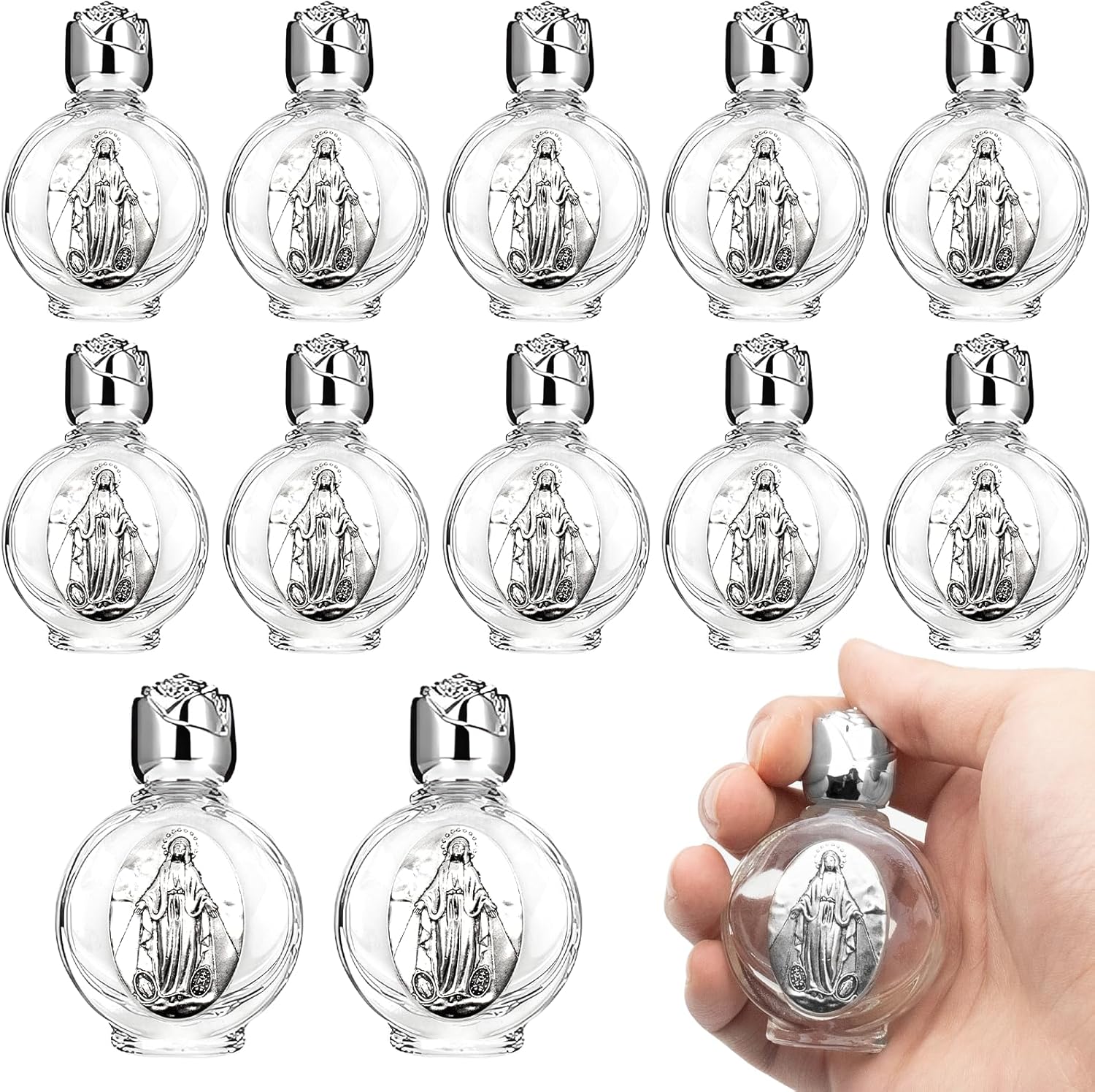 12 Pcs Glass Holy Water Bottles 0.5 Fl oz Embossed Glass Travel Empty Bottles Girls Little Bottle Church Decorations for Home Wedding, Portable Party Favors (Silver,Divine Mercy)