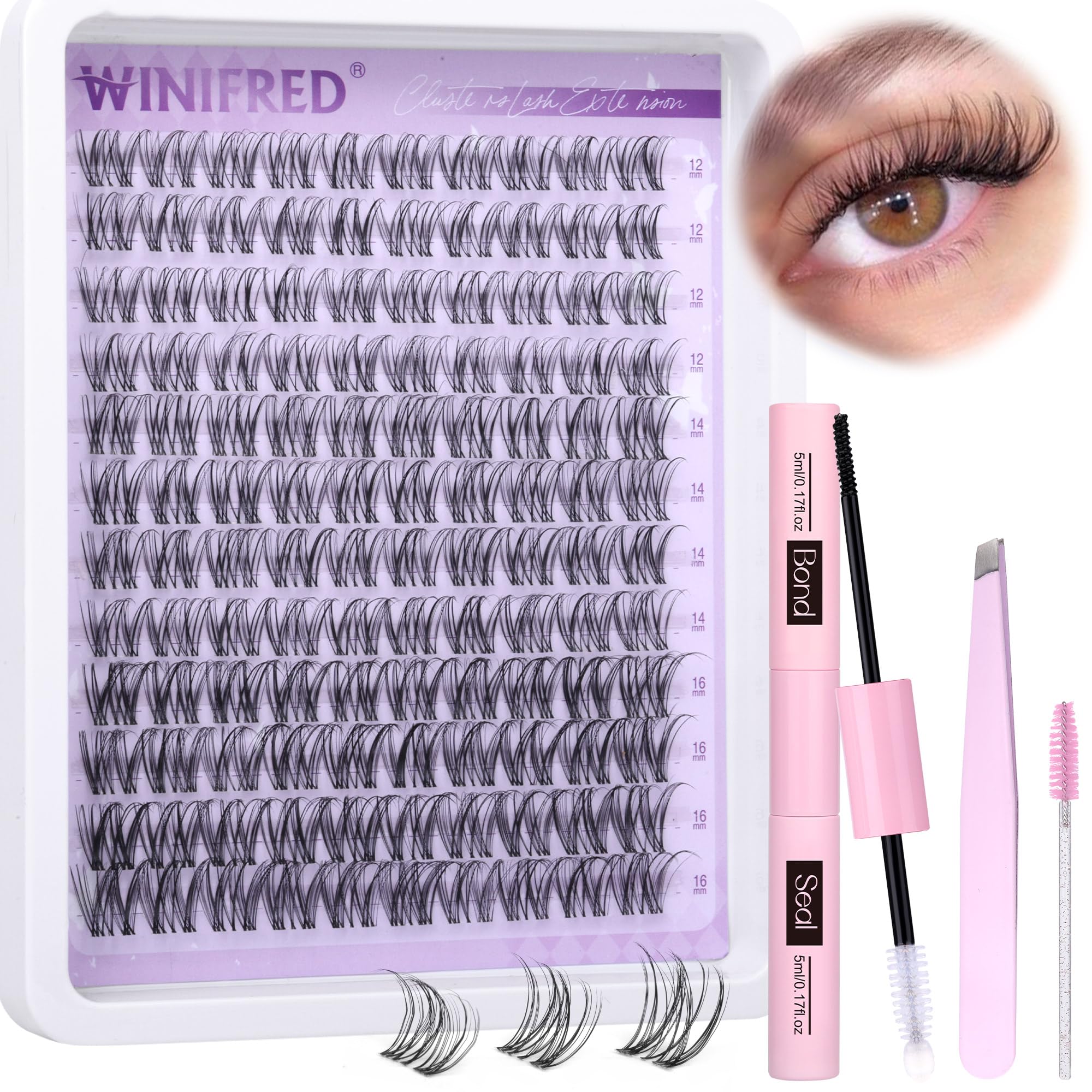 Natural Lash Clusters Kit Wispy Cluster Eyelash Extensions DIY Lash Extension Kit C Curvature Clear Band Eyelash Clusters16mm Individual Lashes Kit Natural Look Lash Bond and Seal by Winifred