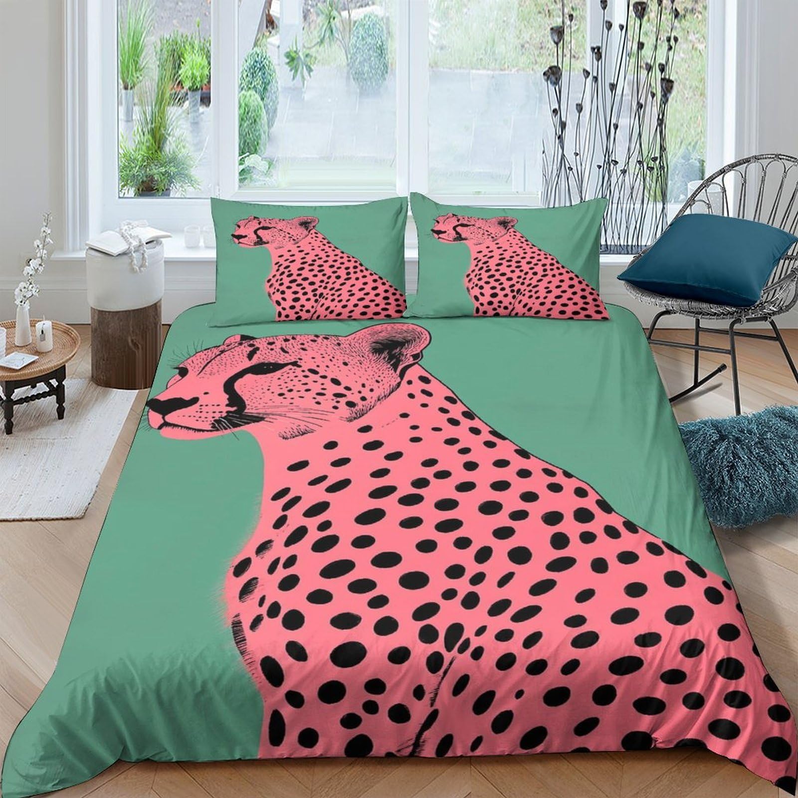 GPLZQXKJNH 3D Printed Pink Cheetah Duvet Cover Microfiber Soft Breathable Animal Pattern Bedding Set with 2 Pillowcases for Bedroom Decor Single（135x200cm）