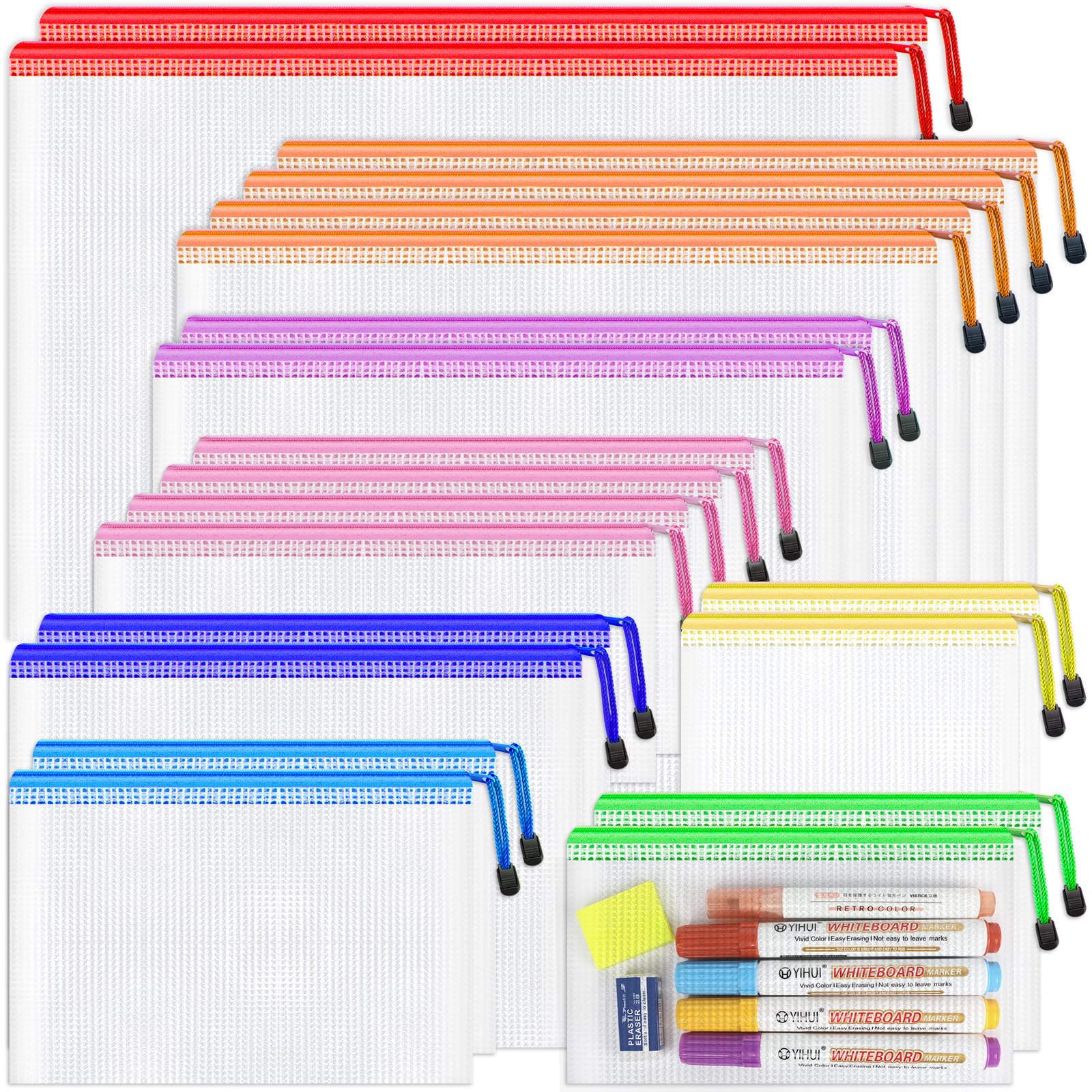 Smarpau 20pcs Mesh Zipper Pouch, 8 Sizes Plastic Zipper Pouches for Organizing, 8 Colors Waterproof Plastic Document Bags for Board Game Storage, Travel, Office Supplies