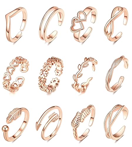 TOBENY 12PCS 14K Gold Plated Adjustable Toe Rings for Women Flower Arrow Band Open Tail Ring Women Beach Foot Jewelry Set - C-Rose Gold