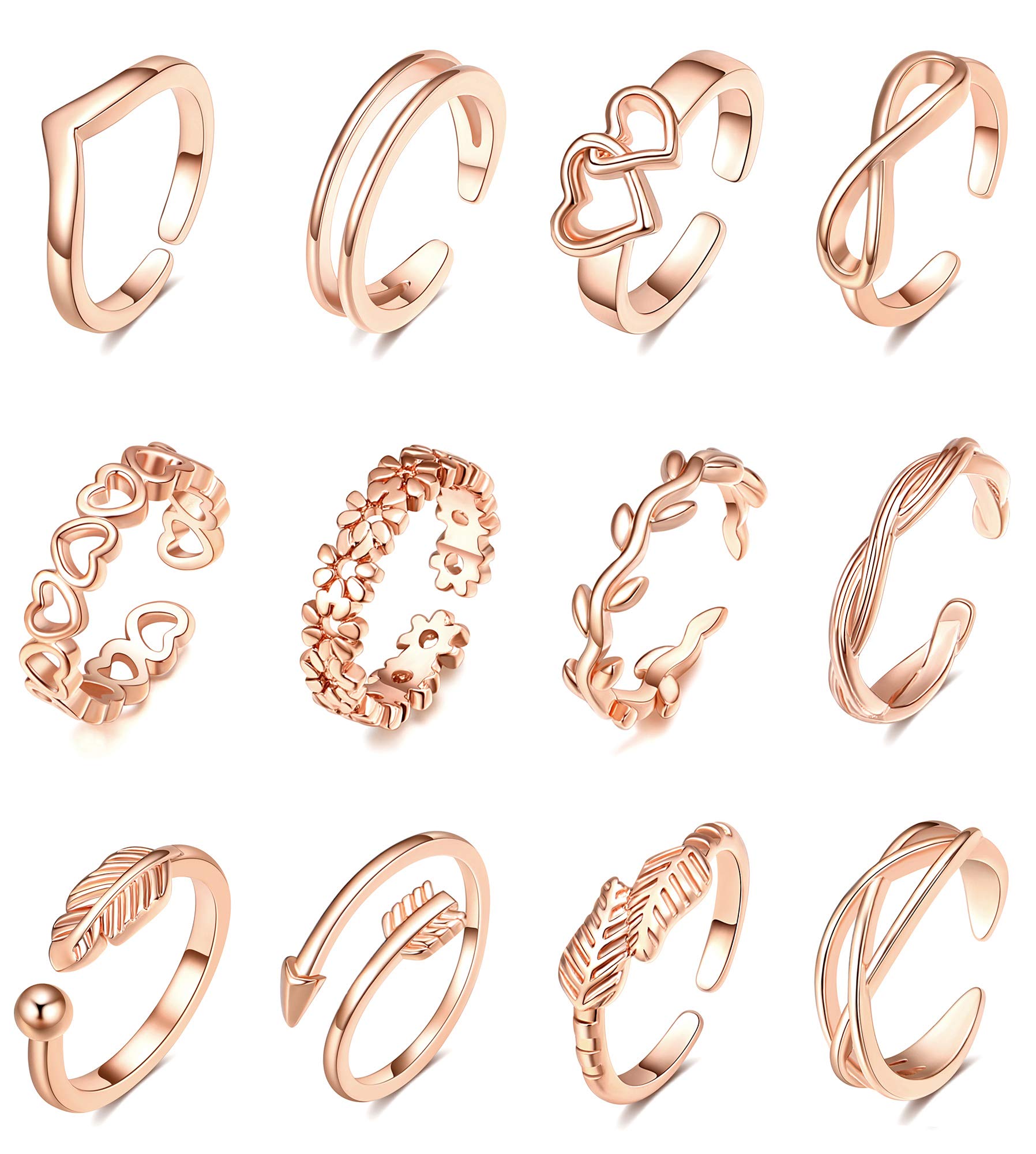 TOBENY 12PCS Gold Toe Rings for Women Non Tarnish Adjustable Open Set