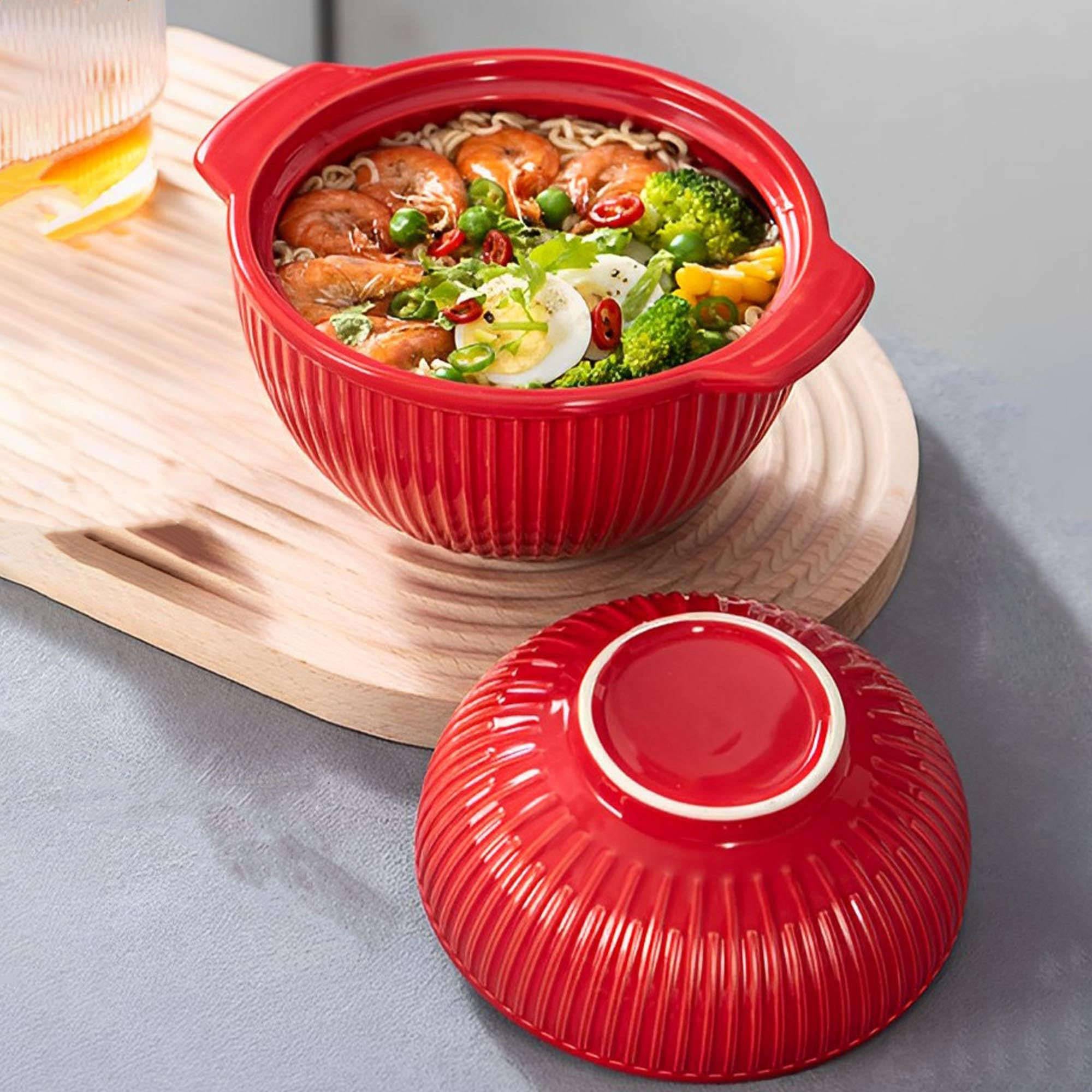 Ceramiczna miska na makaron instant, ceramiczne miski zupę z pokrywką, duży kubek uchwytem, ​​małe do ramenu w kuchence mikrofalowej(Orange)