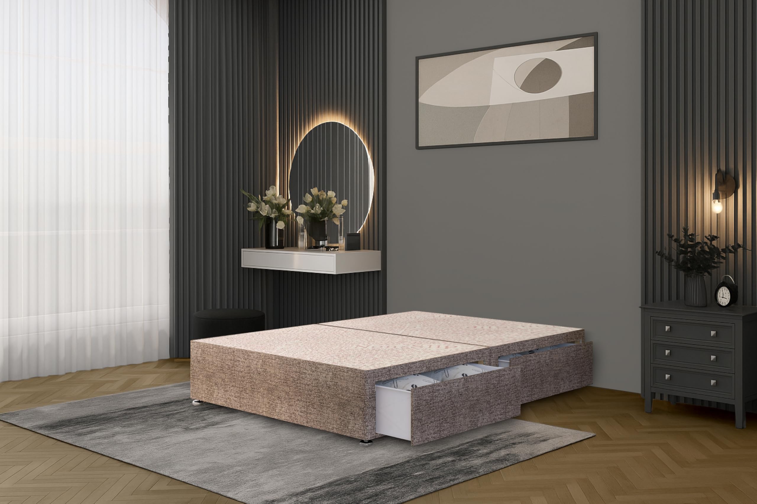 Bed Centre Flexby Divan Bed Base Only with 2 Drawers (Same Side), No Headboard - Available in 3FT, 4FT, 5FT & 6FT (4FT Small Double, Tweed Coffee Fabric) โ image 1
