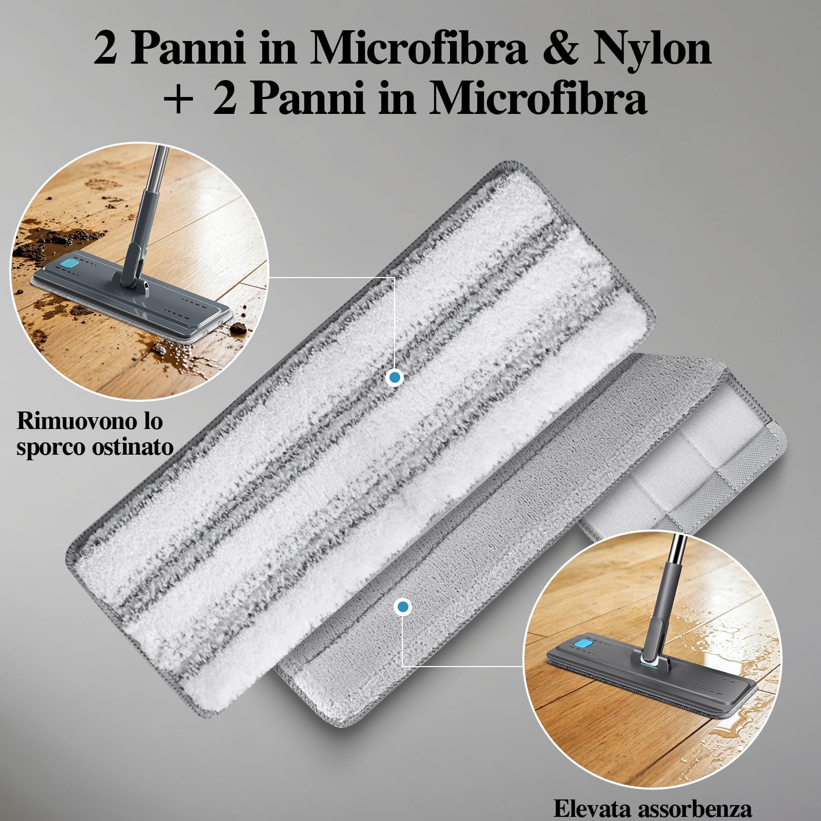 MASTERTOP Mocio Piatto Lavapavimenti in Microfibra 140cm e Secchio Strizzatore con Mani Libere, Mocio Rotante 360°+ Secchio a 2 Scomparti, con 4 Pannis Riutilizzabili (Grigio scuro)