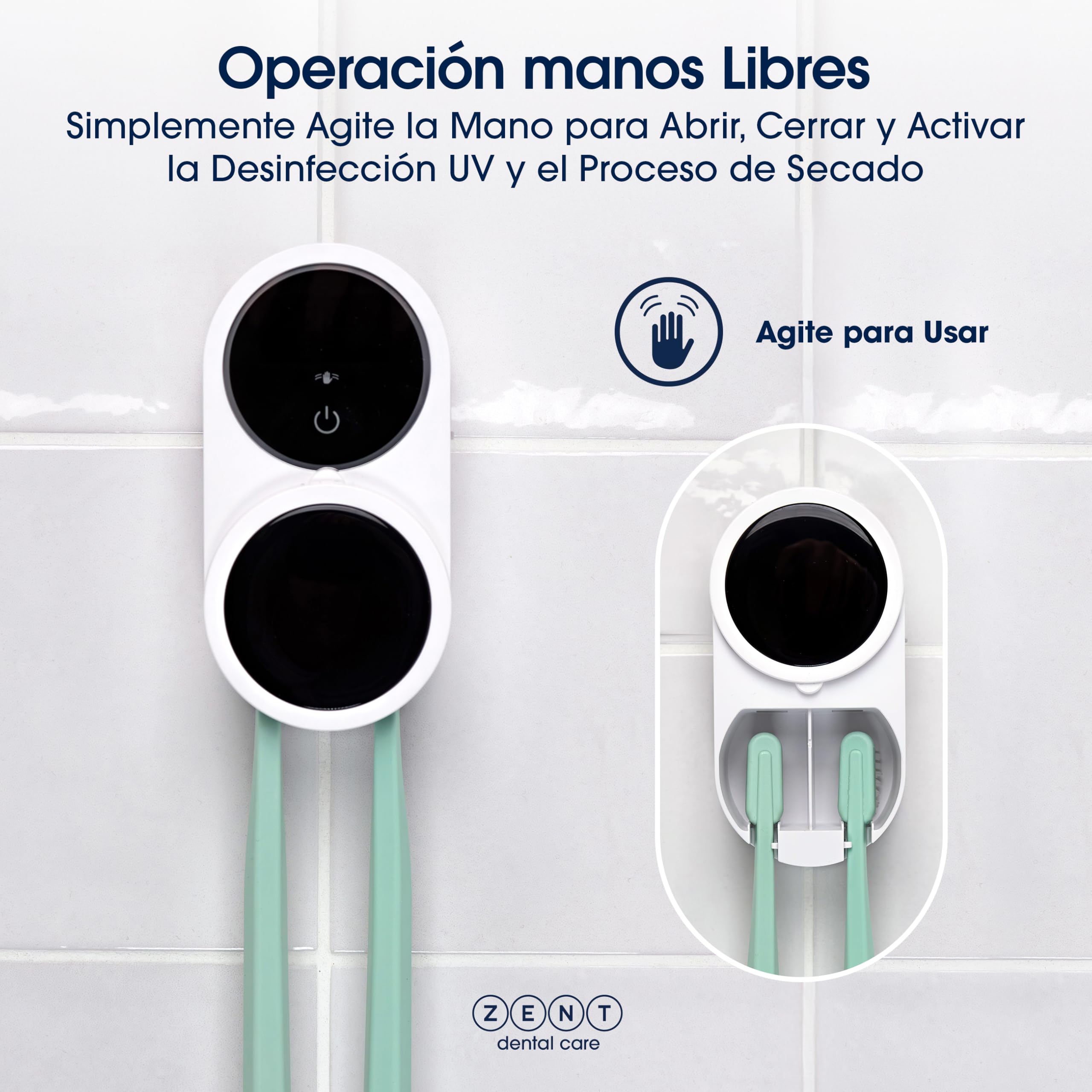 ZENT Esterilizador Cepillo Dientes - Desinfección Doble UV-C y UV-A - Higienizador Cepillo Dientes - Montaje Sin Taladro - Esterilización Automática con Batería 50 Días - Pantalla HD