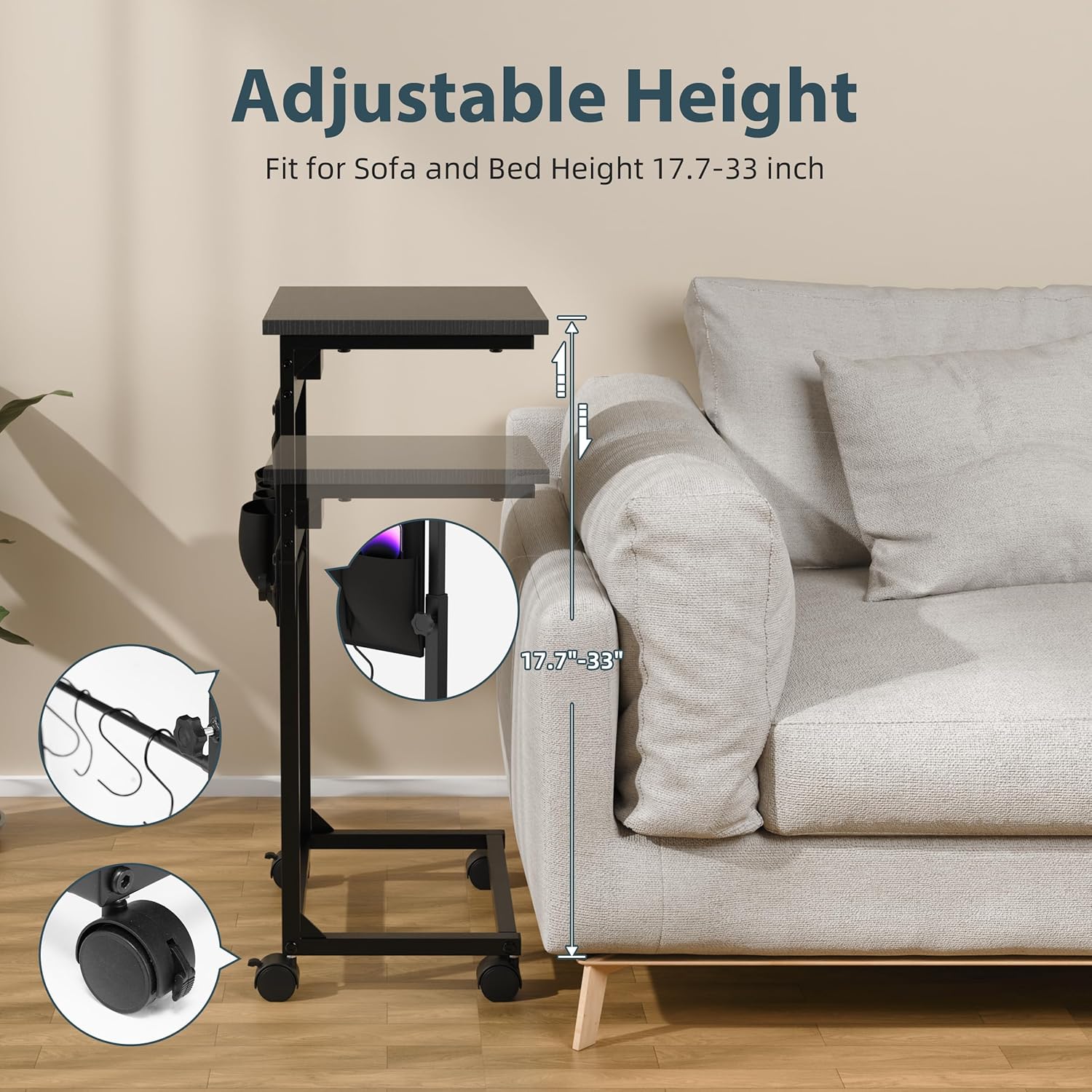 Adjustable Height Couch Table with USB-C Charging Station & Pocket Storage – Compact Couch Stand with Hooks & Wheels for Small Spaces & Living Room, Adjustable C Table (Black)
