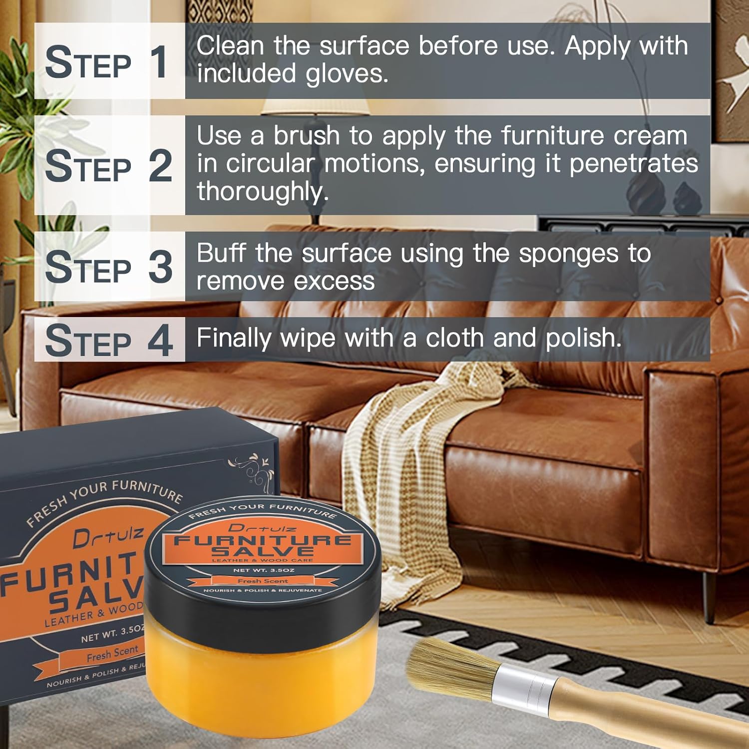 Furniture Salve with Beeswax & Orange Oil for Leather, Wood, Vinyl – 3-in-1 Polisher, Conditioner & Restorer for Couches, Tables, Chairs – Repair Kit with Brush & Cloth – Natural Leather Care, 3.5 oz