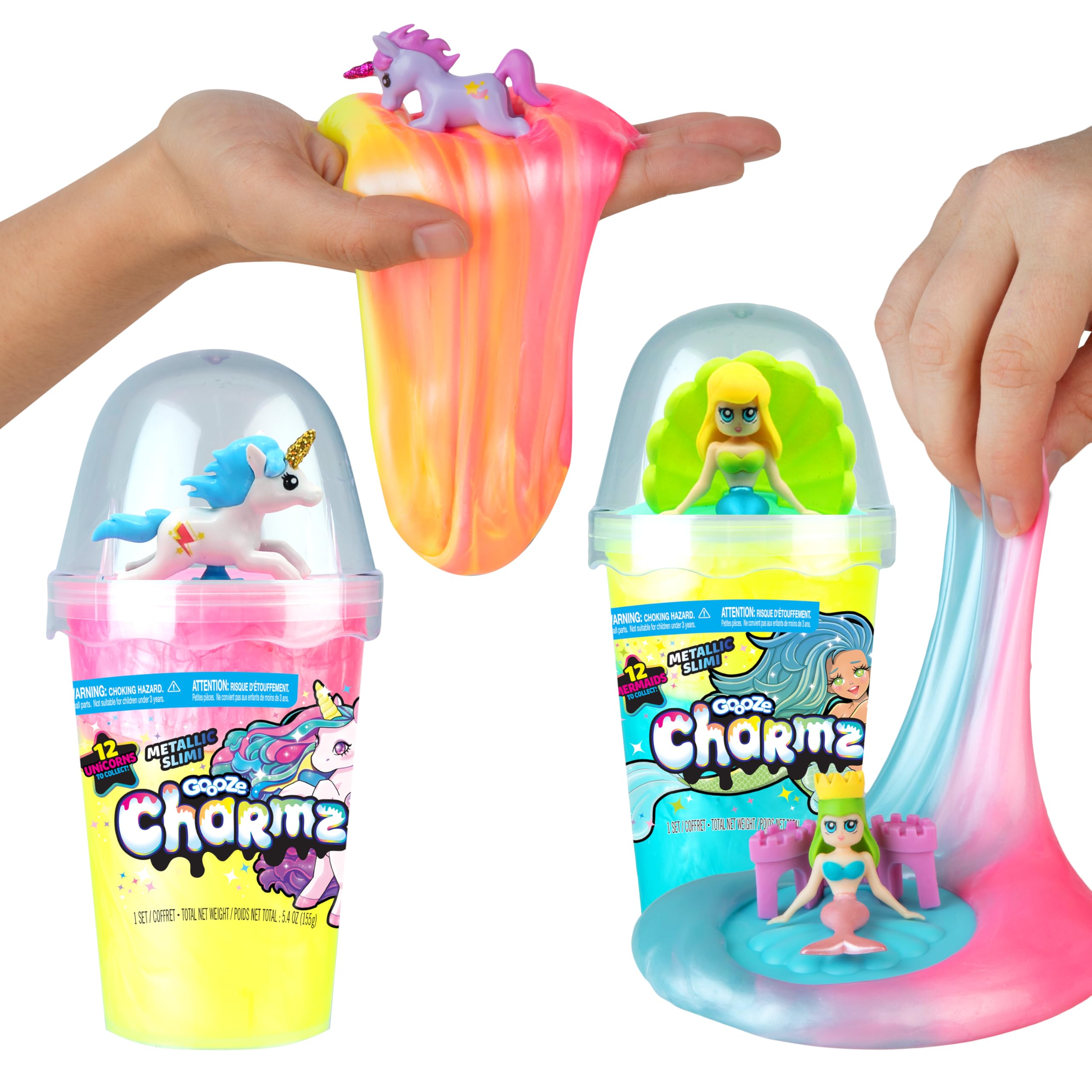 ORB Gooze Charmz Mermaids and Unicorns Assorted 2 Pack - Each Container Comes with 2 Assorted Metallic Slimi Slimes and a Charm Toy - Fun, Sensory Slime to Squish and Squeeze for Kids and Adults