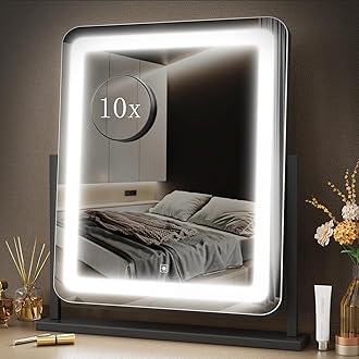 Makeup Vanity Mirror with Lights 15.2" Large LED Lighted Mirror, Hollywood Make Up Mirror with Lighting for Bedroom Tabletop, Smart Touch, Detachable 10X Magnification 360° Rotation, (Black)