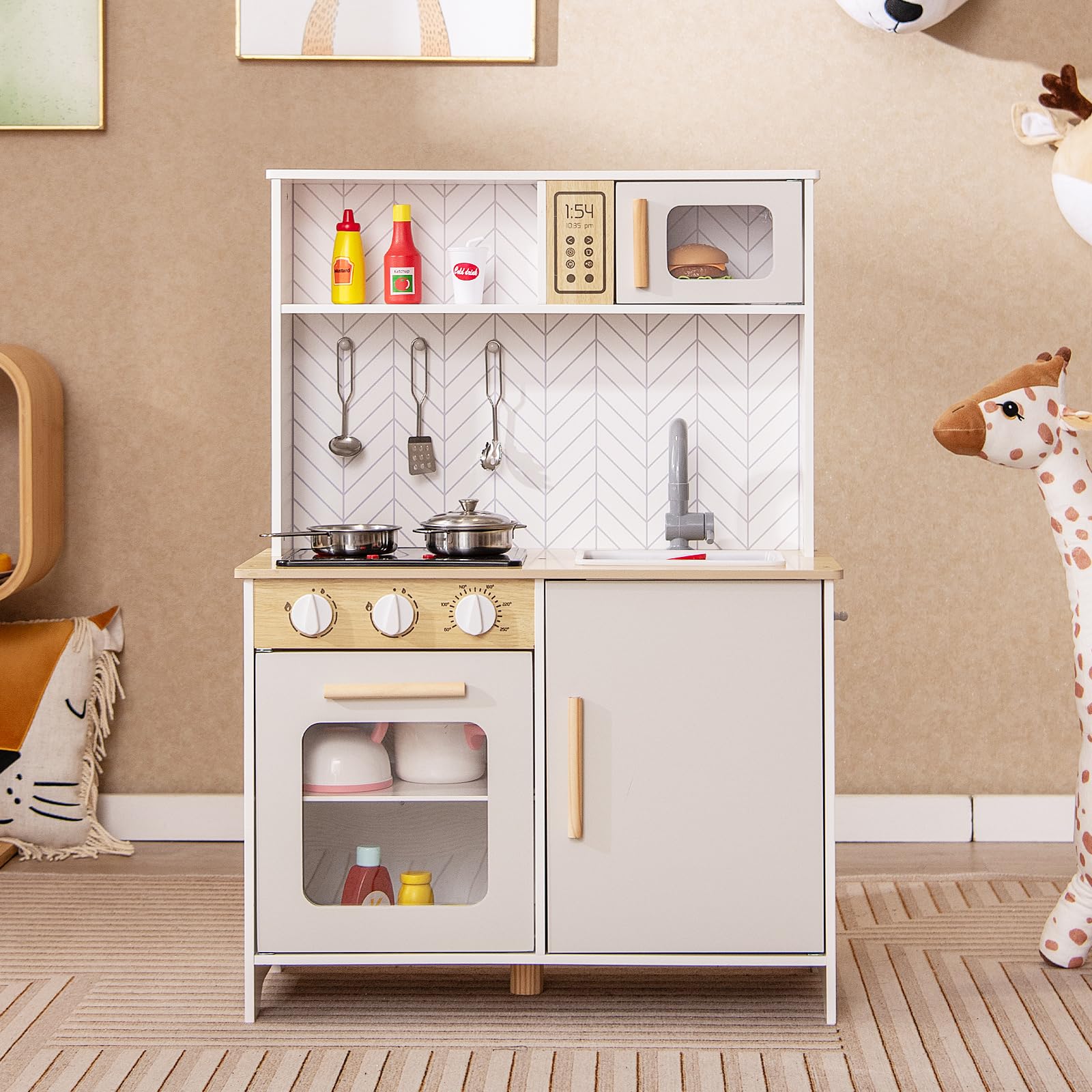 DREAMADE Kinderküche Holz mit Zubehör, Holzküche Mini Küche Kinder Küche mit Herd Ofen Waschbecken, Spielküche mit Licht und Sound für Kinder ab 3 Jahren (Weiß)