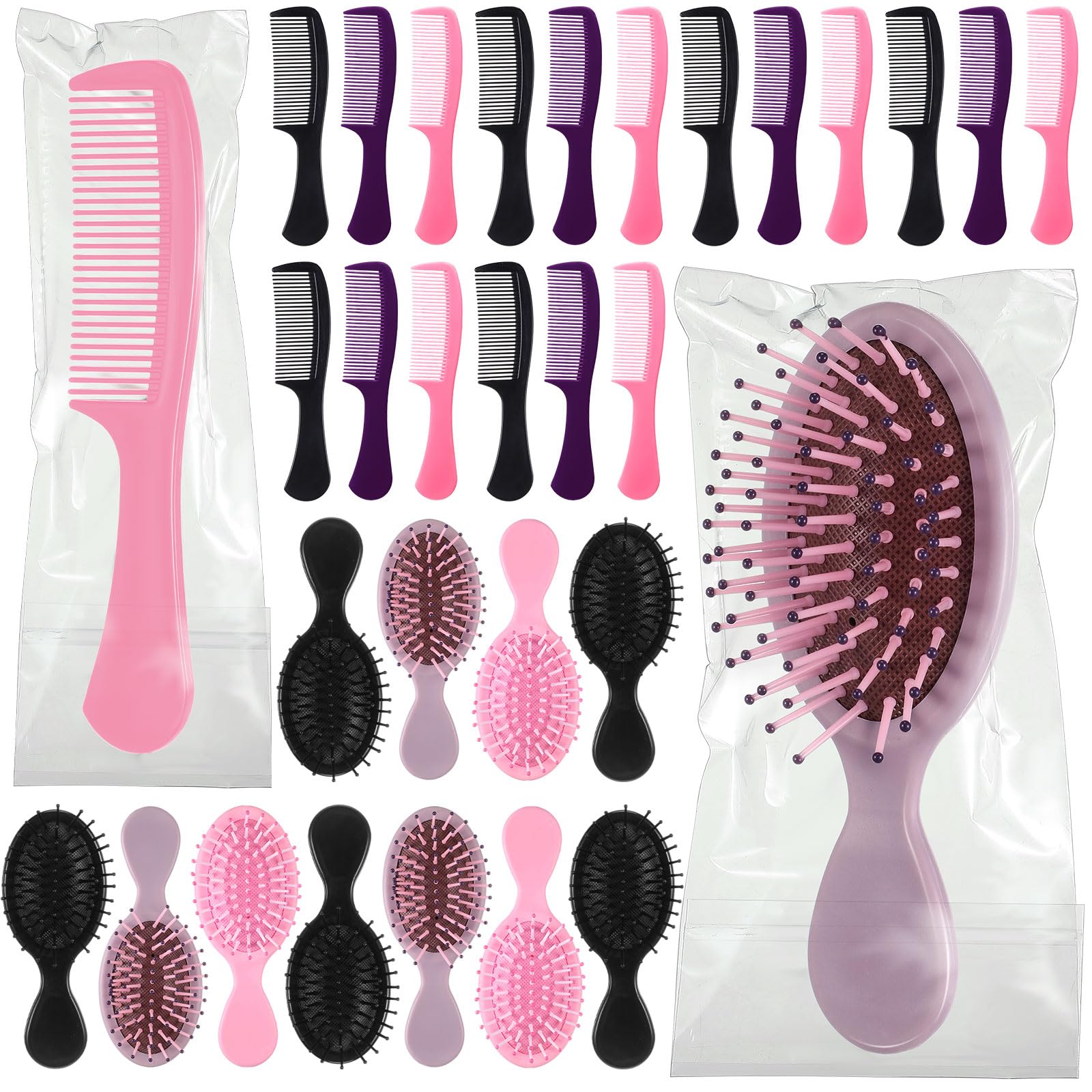 FillTouch Juego de 48 mini cepillos y peines para el cabello a granel para personas sin hogar envueltas individualmente, pelo rizado grueso, largo, alisador, cepillo desenredante para mujeres,