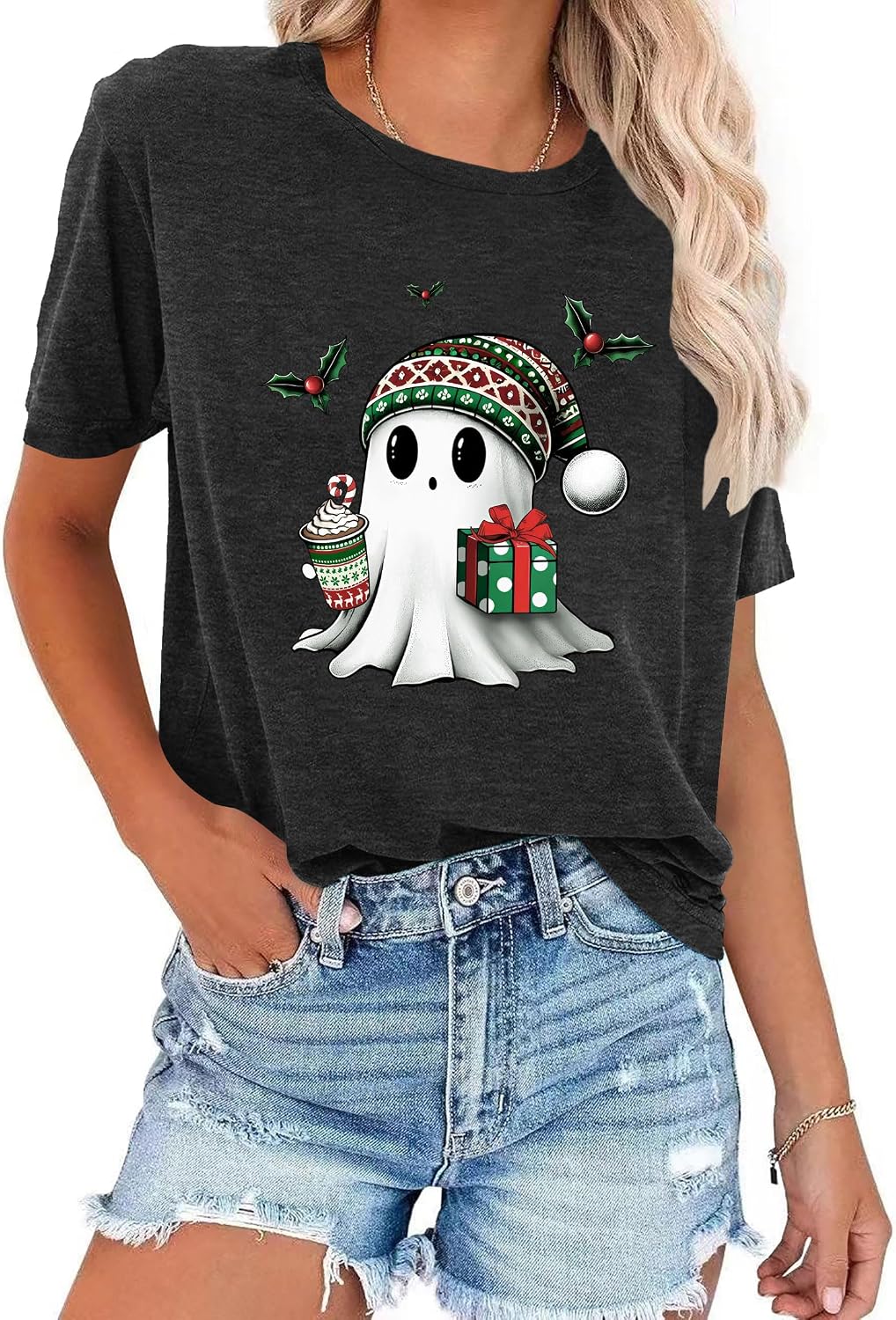 Merry Christmas Buffalo Plaid Tree T-Shirt for Women - Cute Holiday Graphic Tee — view 4