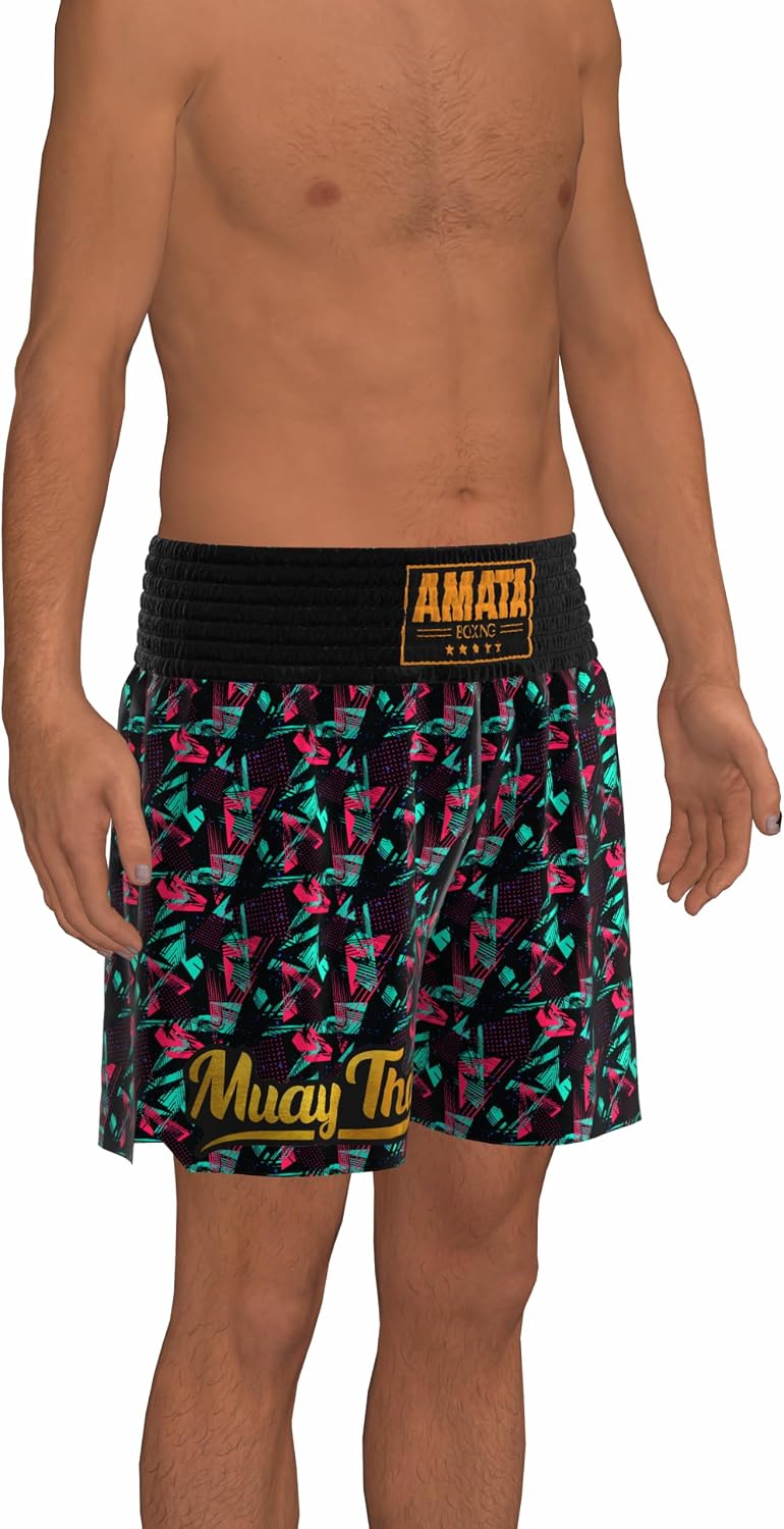 Amata Boxing Muay Thai Shorts Abstract Pattern Gold Logo Unisex Men Women Kids Adult Boy Girl