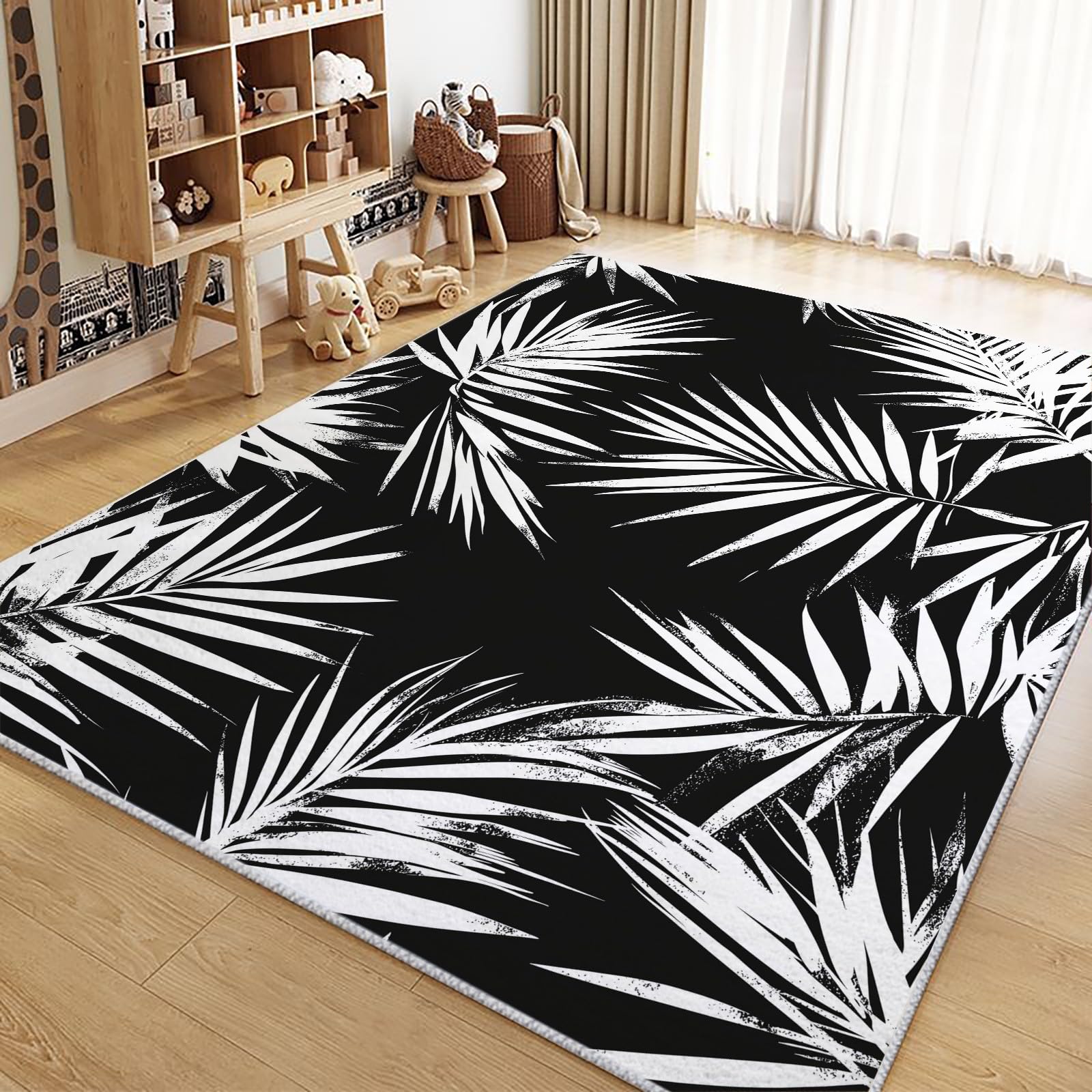 Area Rugs for Living Room 2x3 ft Palm Leaves Black White Non Slip Area Rug, Ultra Soft Low-Pile Floor Carpet, Durable Washable Rug for Bedroom, Dining