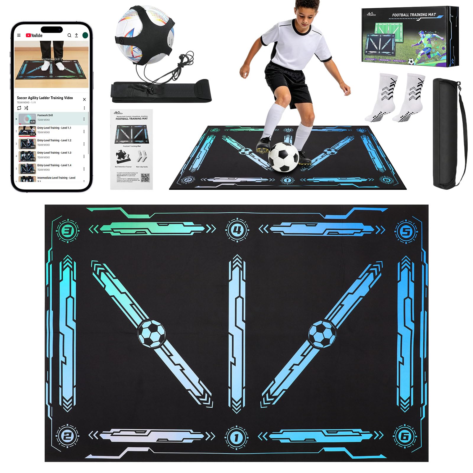 MoKo Soccer Training Mat with Video, 35 × 24 Inches, Black