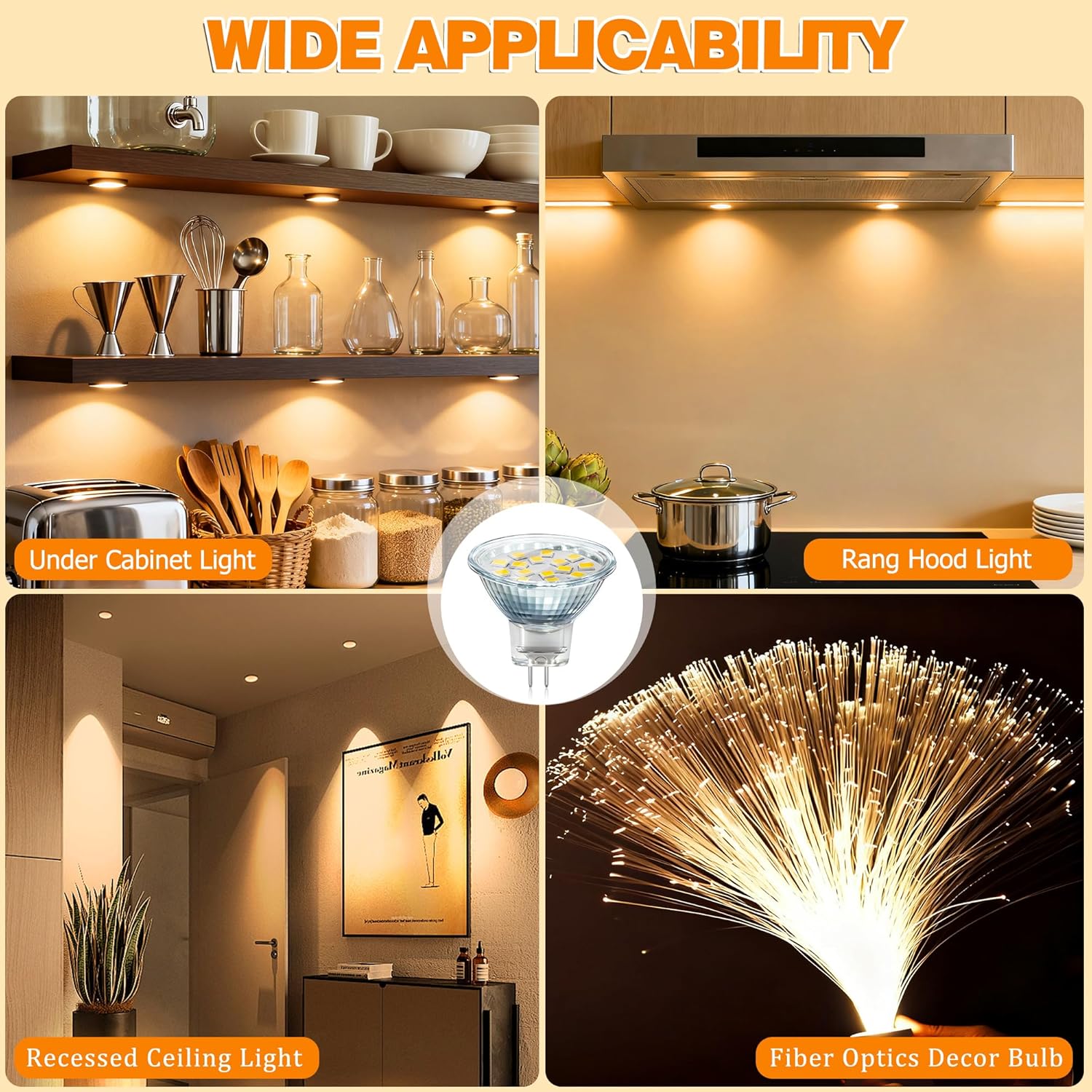 Akynite MR11 GU4 12V-24V LED Light Bulbs, 2W Equivalent 10W-20W Halogen GU4 Bi-Pin Base Spotlight Bulb, 3000K Warm White MR11 Bulb for Landscape Recessed Track Fiber Optic Light, 4PCs Not Dimmable