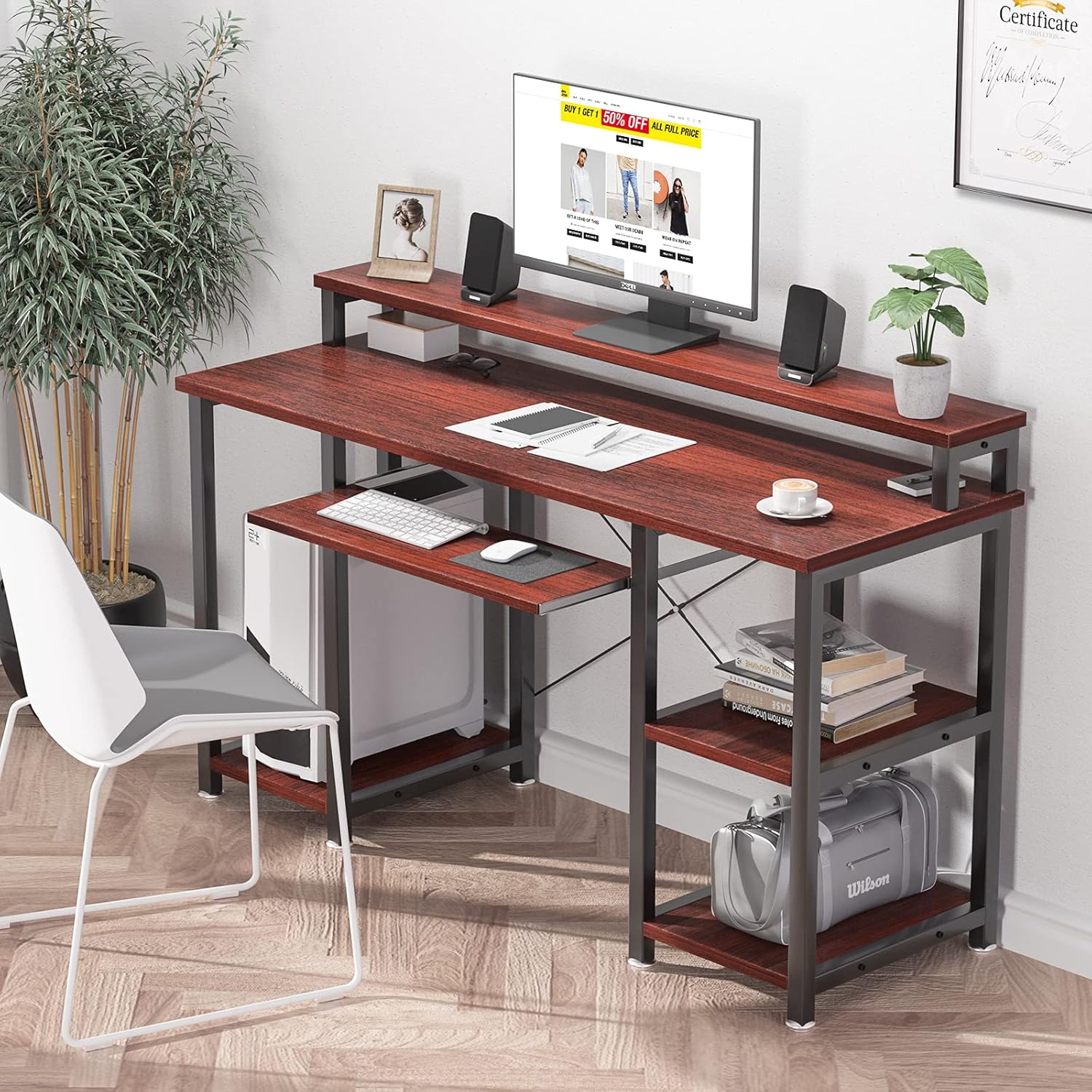 NOBLEWELL Computer Desk with Monitor Stand Storage Shelves Keyboard Tray，47" Studying Writing Table for Home Office (Cherry): Kitchen & Dining