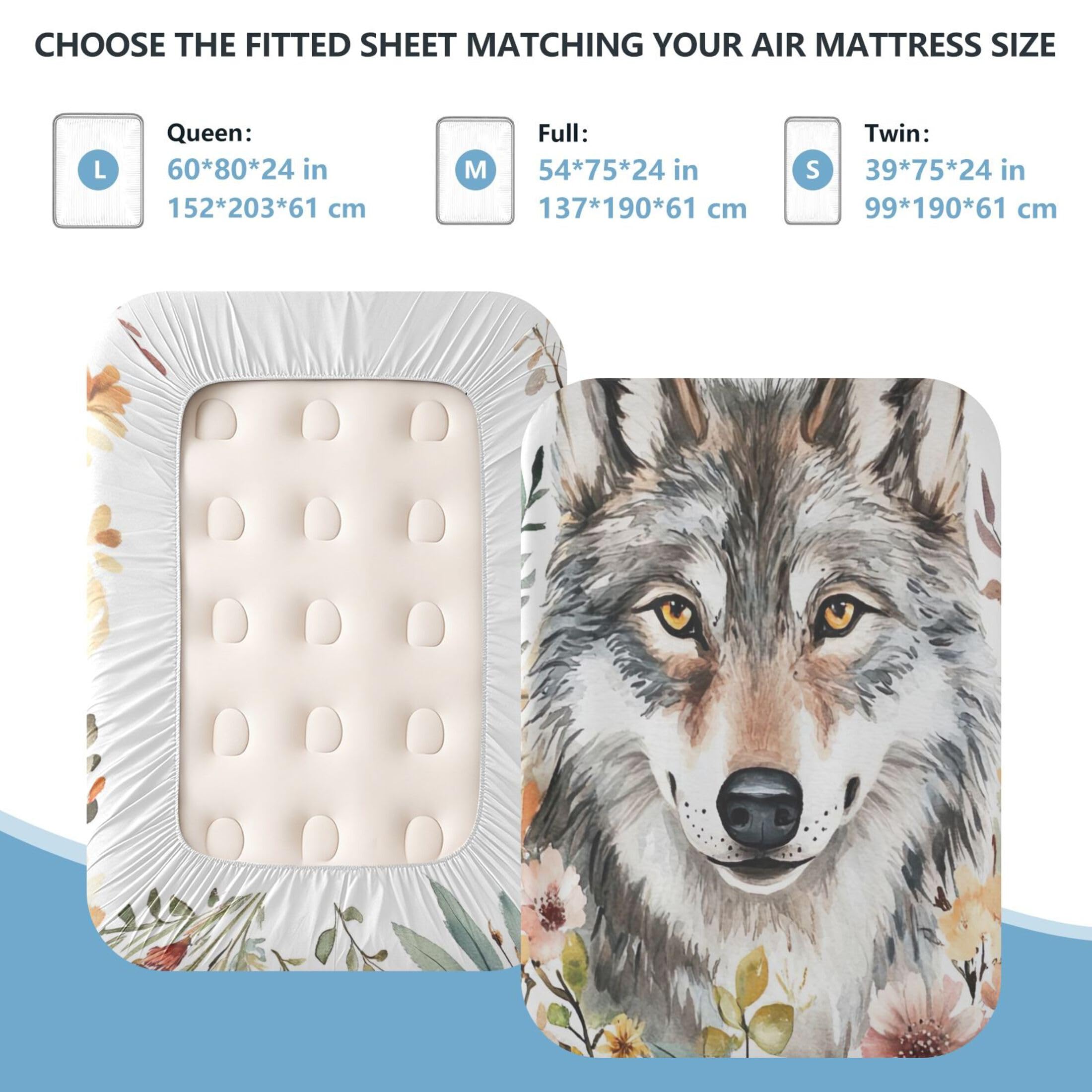 Sábana bajera ajustable tamaño individual de lobo de acuarela para colchón de aire, bolsillo extra profundo de 24 pulgadas, funda suave y transpirable con apertura de válvula de cremallera