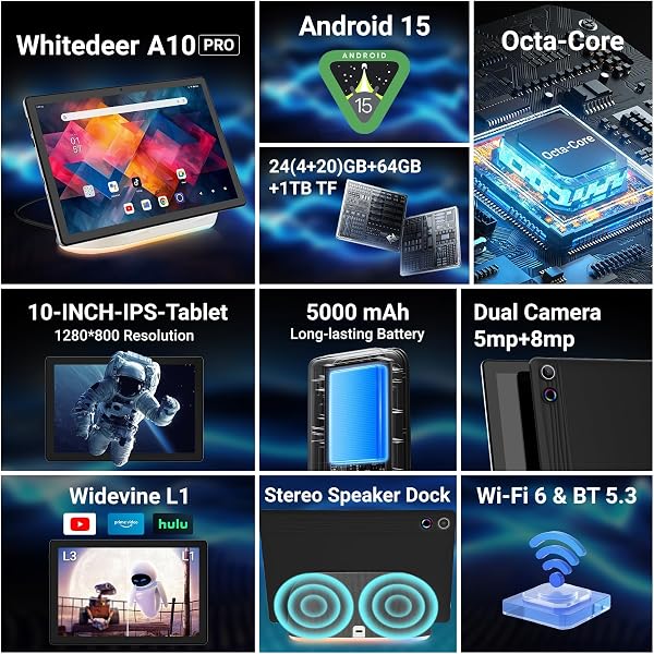 2026 Verbessertes Tablet, Android 15 Tablet 10 Zoll mit Bluetooth-Lautsprecher-Dock, 24 GB RAM+64 GB ROM+1 TB TF, Octa-Core Tablet , Dual-Kamera, Langlebiger Akku, 1280*800, Wi-Fi 6&BT 5.3(Schwarz) - 2