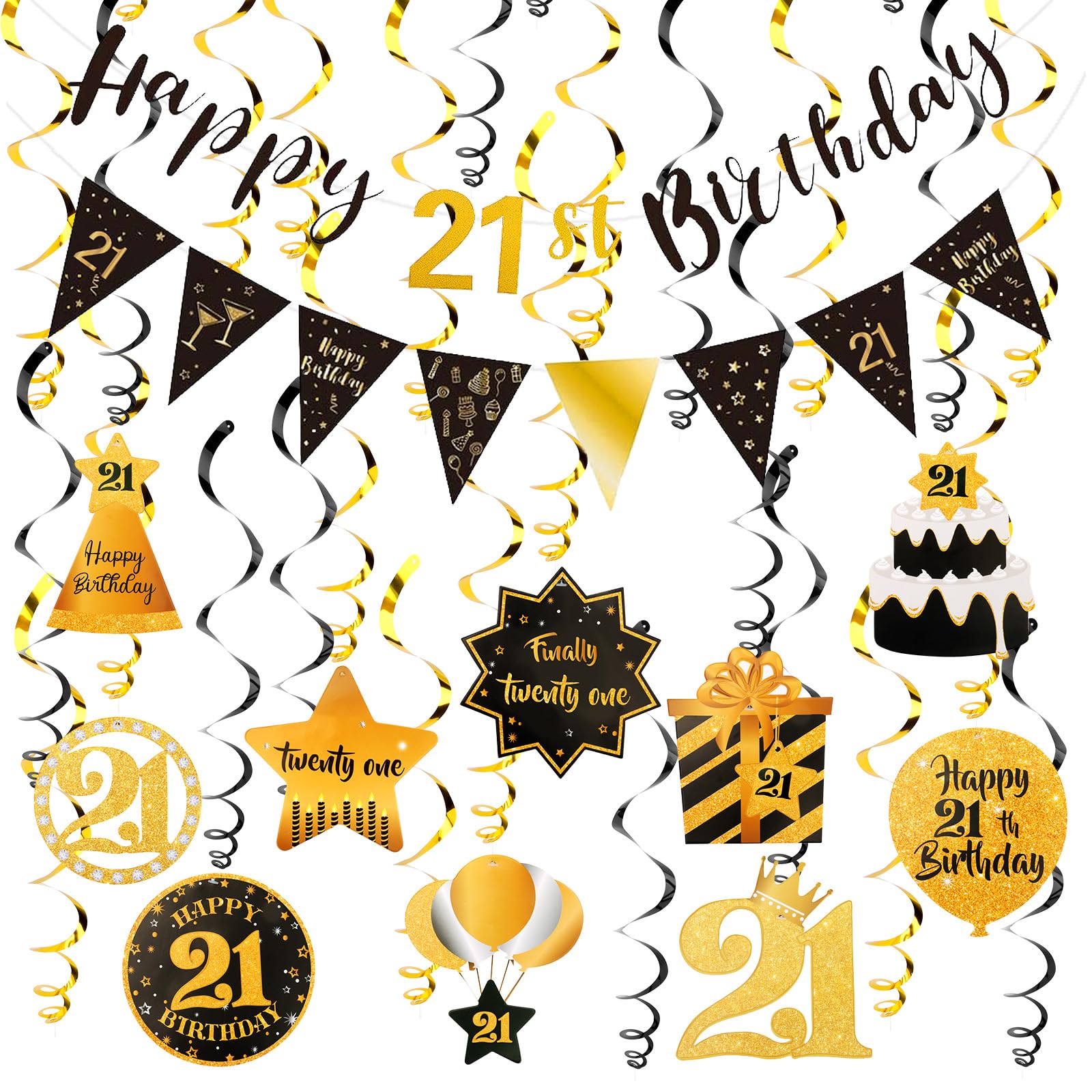 FASOTY 80th Birthday Decorations For Men Women Black Gold Pre Strung Happy 80th Birthday Banner Triangle Flag Glitter Hanging Swirls