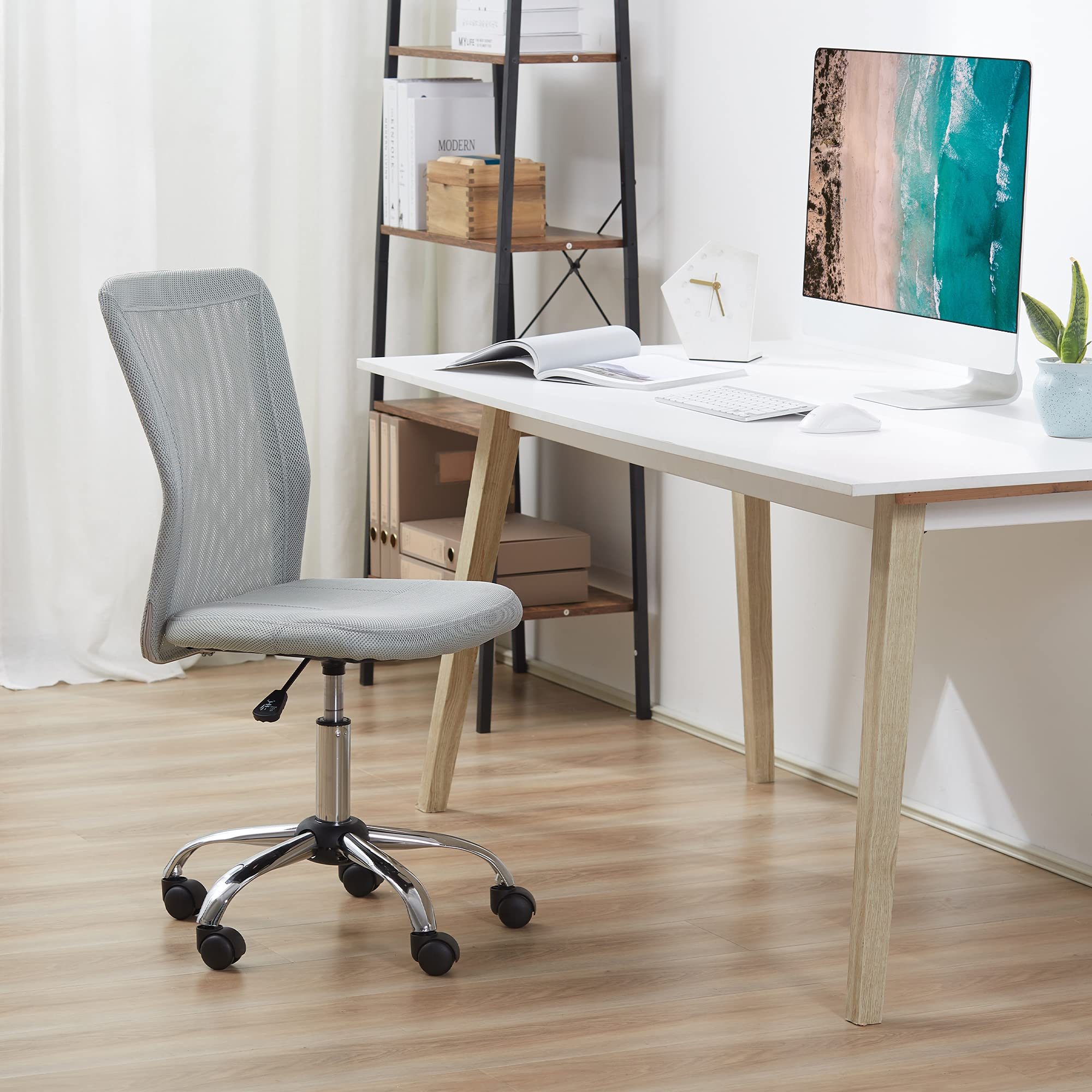 Vinsetto Sedia da Ufficio Ergonomica Senza Braccioli, Sedia per Scrivania in Tessuto Traspirante a Rete, Altezza Regolabile e 5 Ruote, 43x58x90-100 cm, Grigio