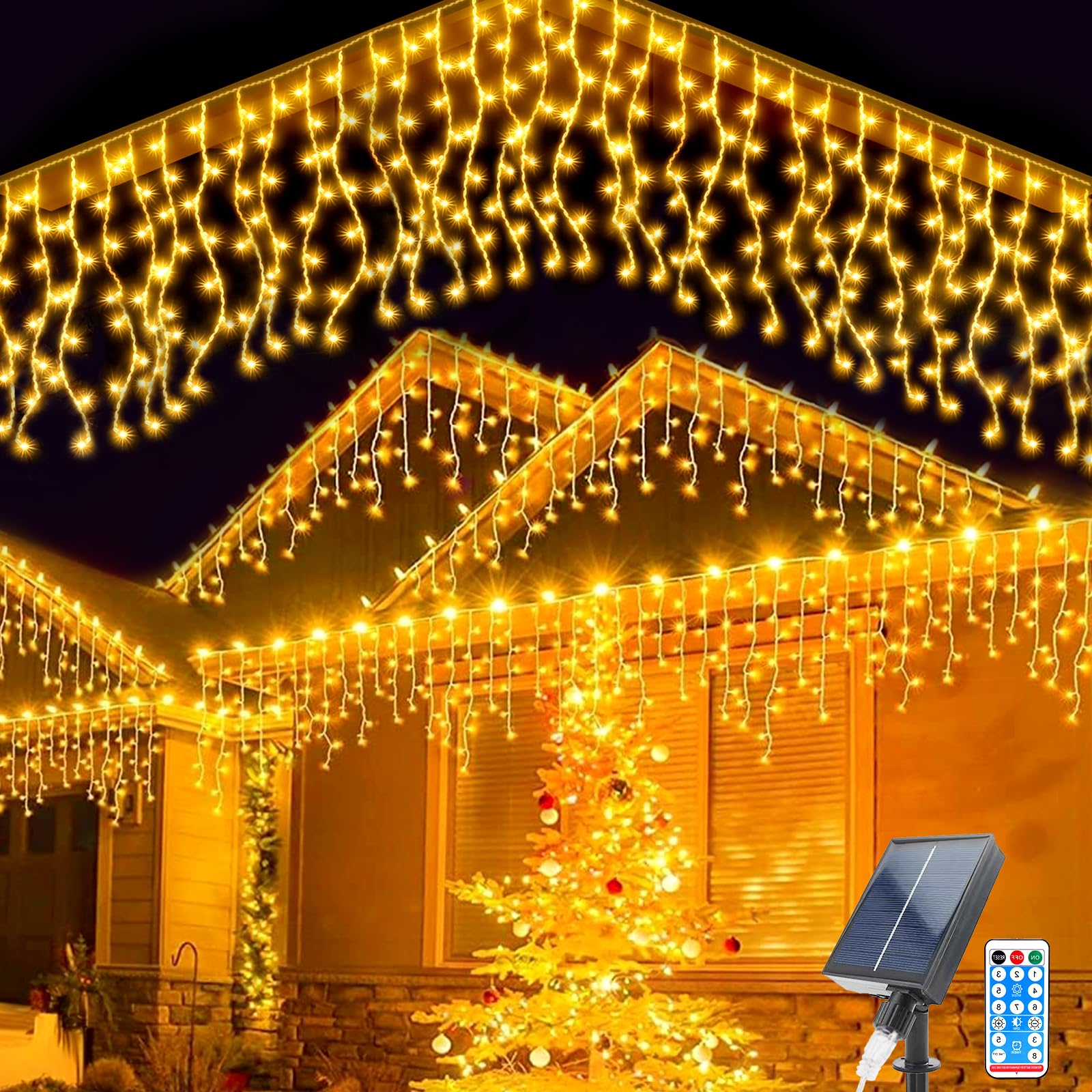 Guirnaldas Luces Solar, 7M Impermeable Cadena de Luces de Carámbano 32 Pcs Cortina de Luces Solares 8 Modos 256 LED Luces de Hadas de Cortina con Control Remoto para Vacaciones Patio Jardín Boda