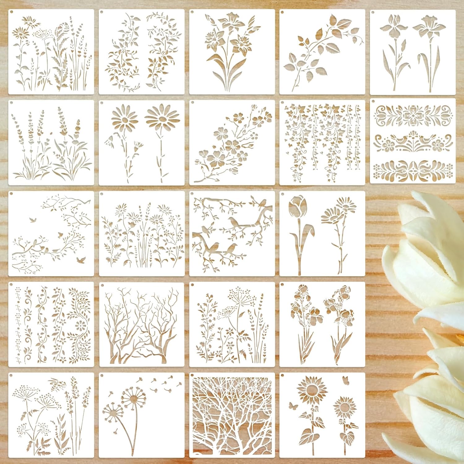 22 Pcs 5.9 Inch Small Flower Stencils for Crafts Reusable,Stencils for Painting, Wildflower Stencil with Sunflower, Botanical Leaf Tree Plant Pattern for Drawing on Fabric Walls Paper Wood Floor