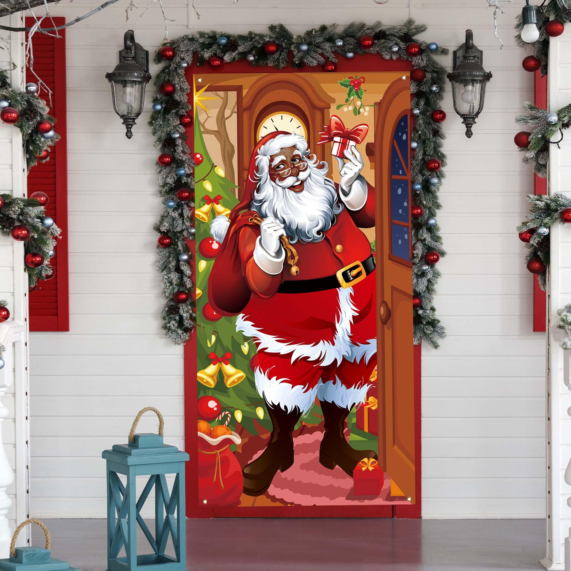 MOORIIY African American Christmas Door Cover – Black Santa Claus Buffalo Plaid Banner, 35.4 X 72.8 Inch, Polyester - View #3