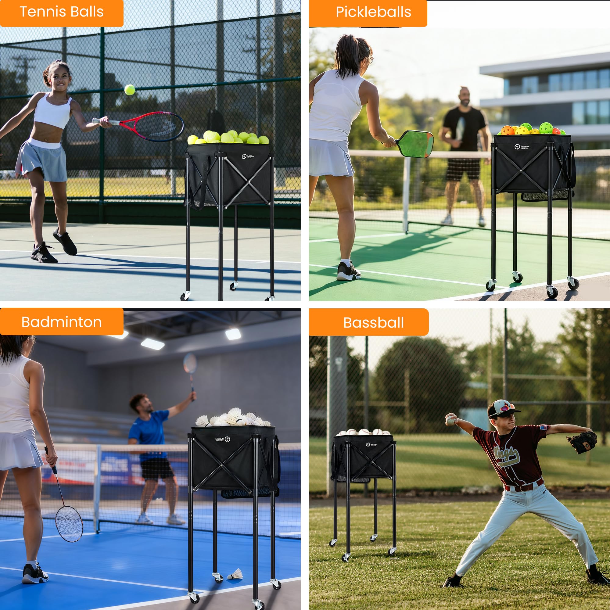 Tolva portátil para pelotas de tenis y canasta de pickleball | Carrito plegable, bolsa de almacenamiento incluida, uso multideportivo