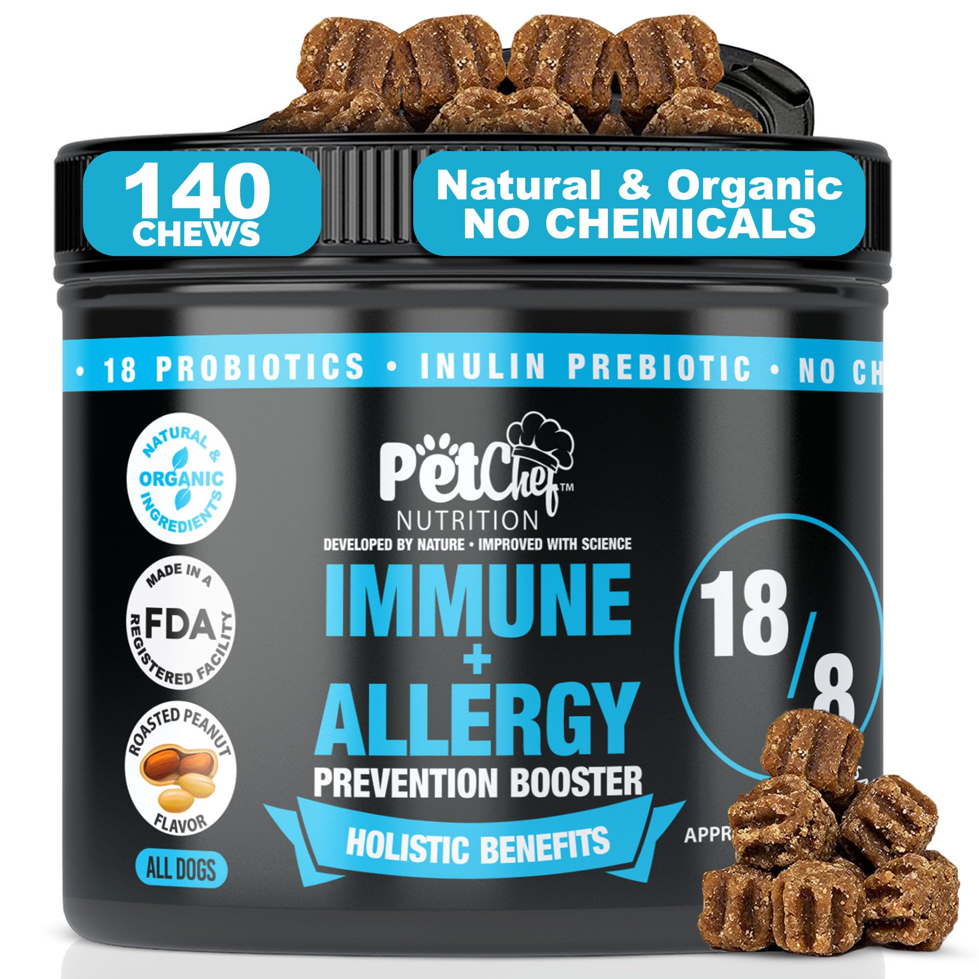 Pet Chef Allergy & Itch Relief Chews for Dogs Supports Itchy Skin, Hot Spots, Immune Defense & Seasonal Allergy Comfort Probiotic Formula 140ct, Made in USA