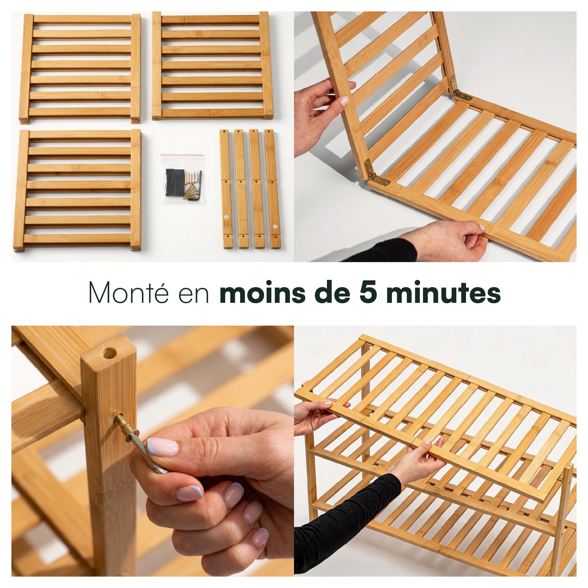 Meuble à Chaussures Entrée - Rangement Chaussures - Étagère Bambou | BAM BOO BOX Étagère à Chaussures 3 Niveaux Bambou – Range Souliers Gain de Place 68x28x46,5 cm – Support Empilable