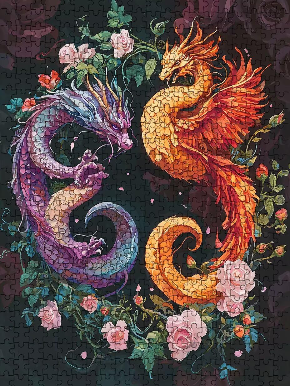 Puzzle 3000 elementów, kwiaty podwójny smok puzzle dla dorosłych 3000, niemożliwe klasyczne układanki, drewniane układanki, gra rodzinna, do gry edukacyjnej wyzwanie zabawki, dekoracja ścienna prezent