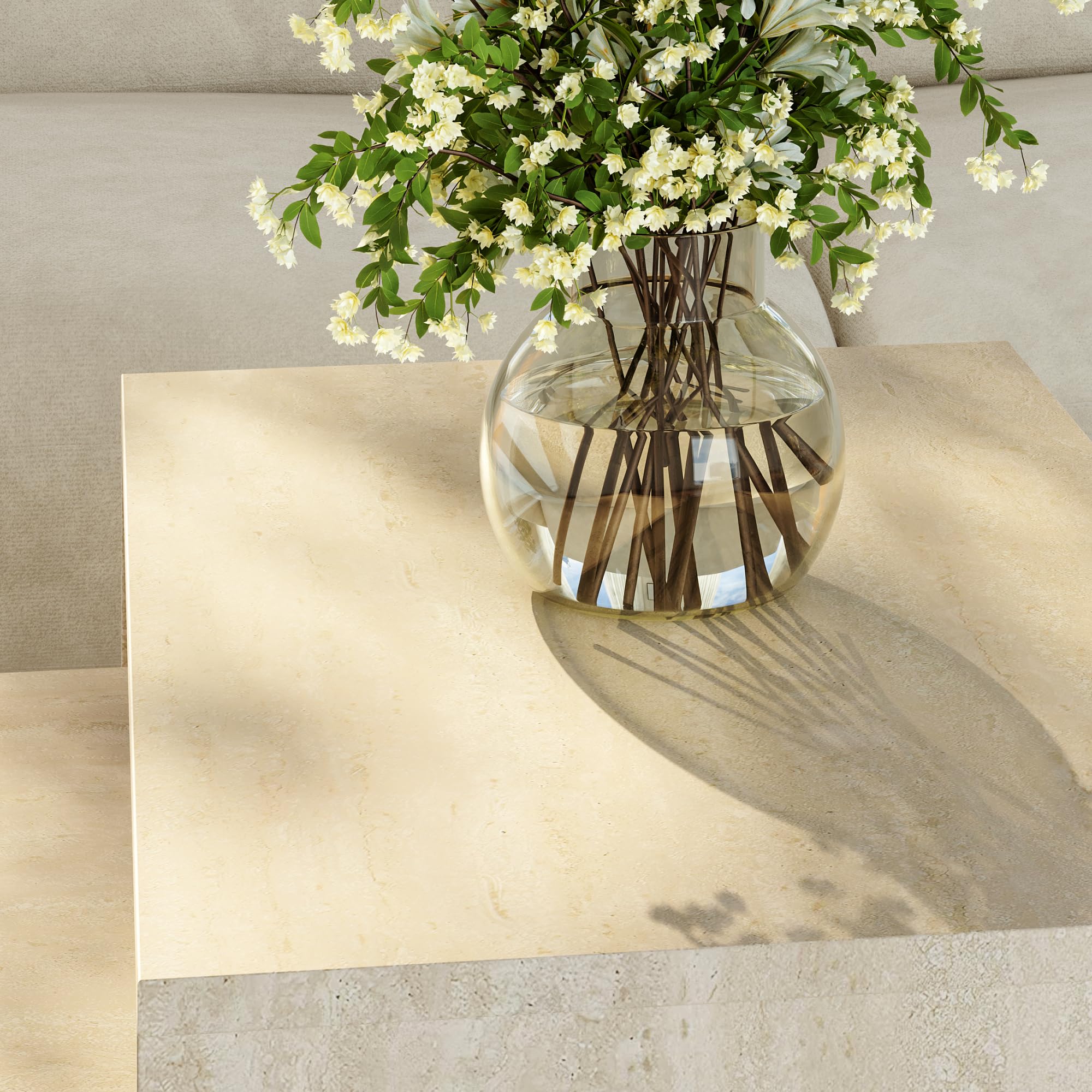 [en.casa] Set de 2 Tables Basses Gigognes de Tailles Différentes Ensemble de 2 Tables d'Appoint Design Intemporel pour Salon Chambre Panneau de Particules Mélaminé Travertin