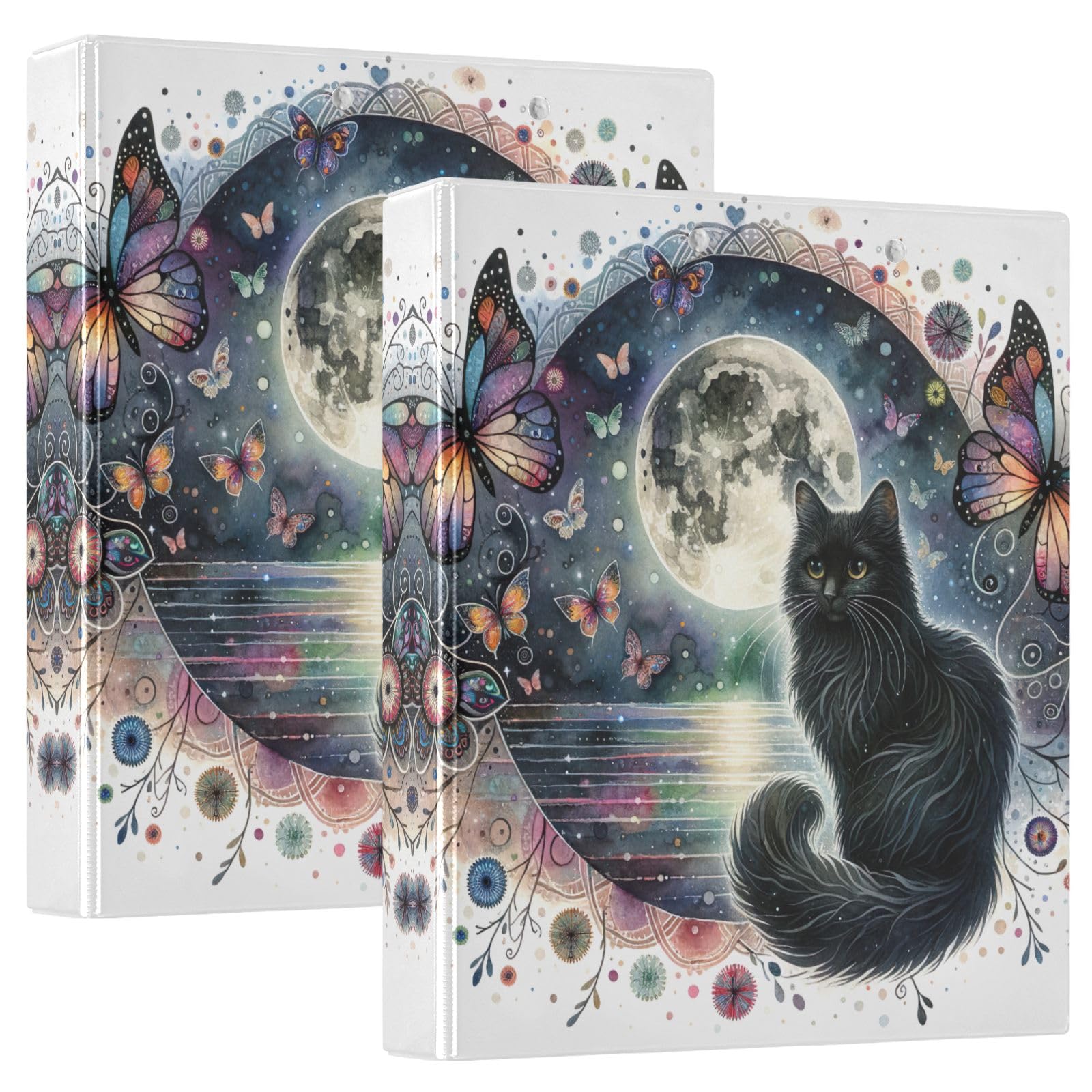 Black Cat - Raccoglitore a 3 anelli con 3 tasche interne, motivo farfalle colorate, 3,8 cm, con 3 tasche interne, organizer decorativo di base per forniture scolastiche, confezione da 2