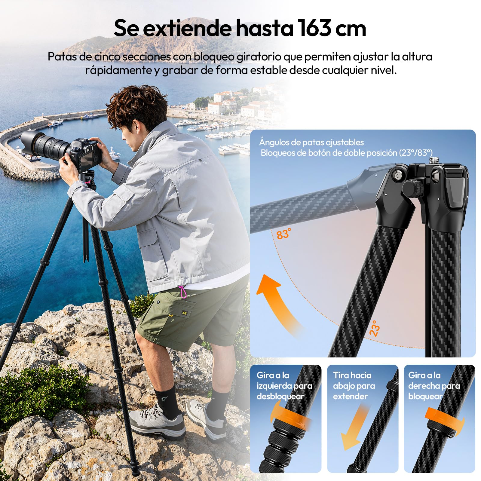 ULANZI TZ01 Trípode de Fibra de Carbono de 163cm, Trípode de Viaje 2 en 1 con Columna Central Desmontable, Soporte Ligero para Cámara y Móvil con Rótula de 360°, Sistema de Liberación Rápida Uka