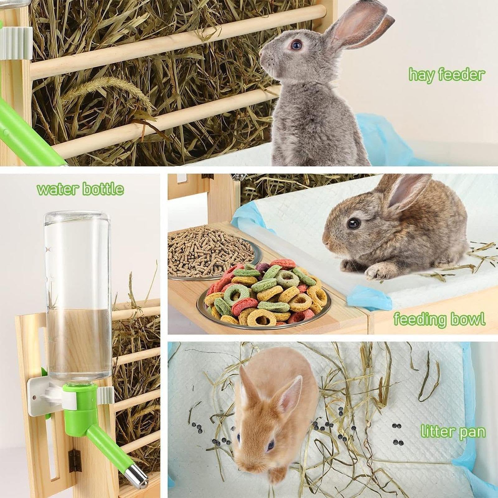 Mangeoire pour Lapins avec biberon, Bol et bac à litière : Un système Pratique pour Nourrir Vos Lapins Tout en Les divertissant. Râtelier à Foin