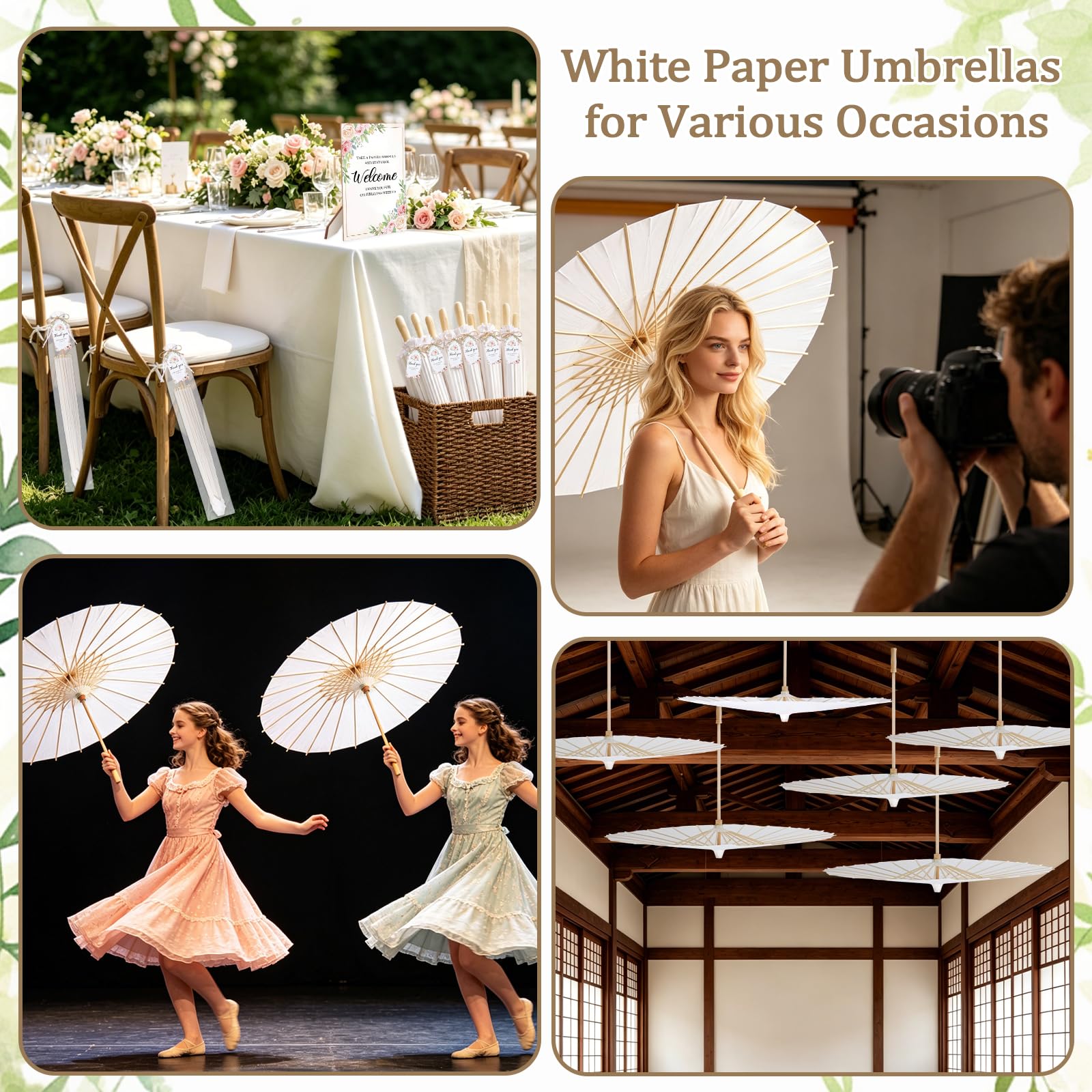 Mototo 12 Sets 83 cm weißer Papier-Sonnenschirm für Hochzeit, chinesischer japanischer Papierschirm mit faltbarem Aufbewahrungskorb, DIY-Malerei, weißer Sonnenschirm, Dankeschön, Hochzeitsgeschenke
