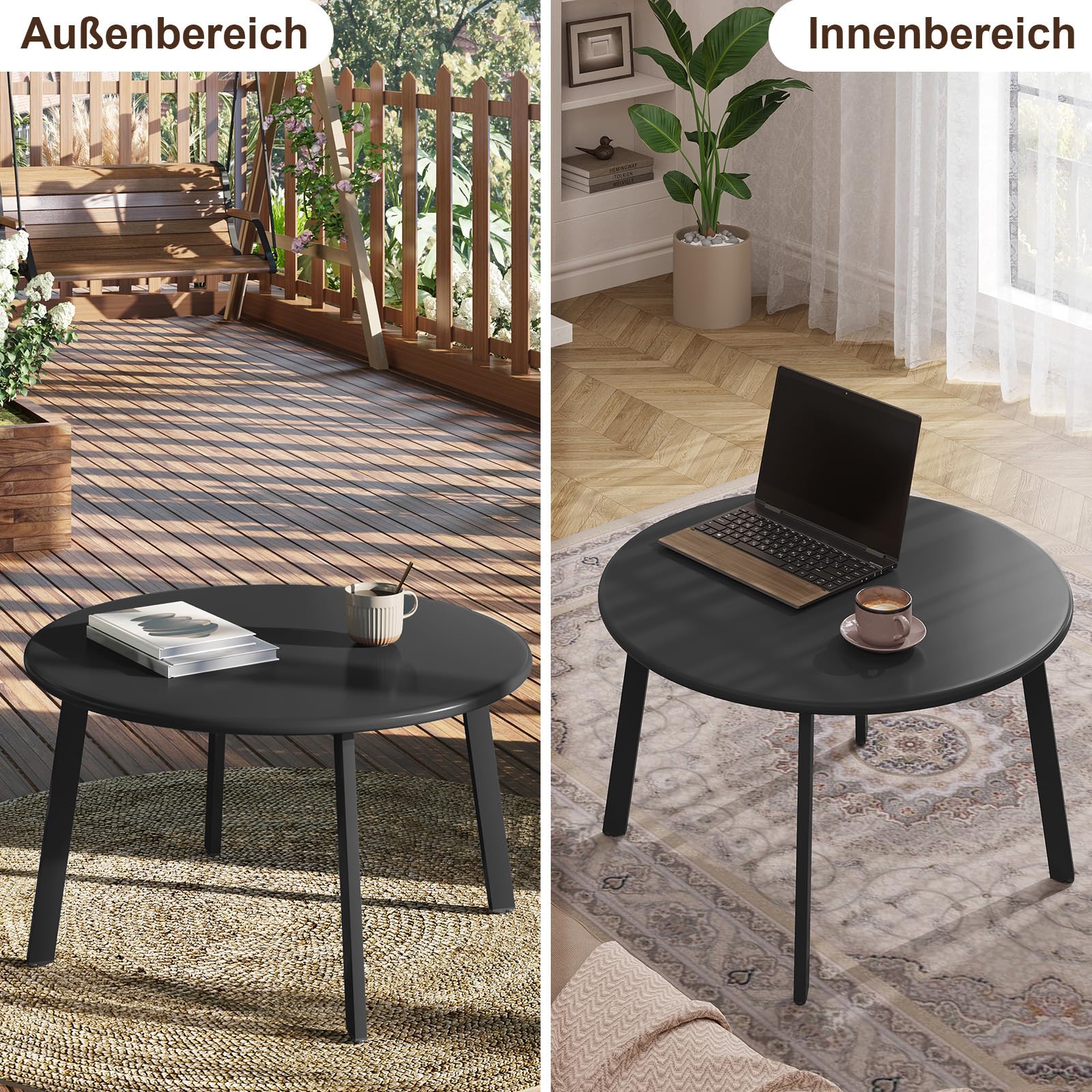 eSituro Beistelltisch rund, schwarz, φ70xH40 cm | Balkontisch Gartentisch, Kaffeetisch Couchtisch Sofatisch, für Indoor Outdoor, Industrial Design