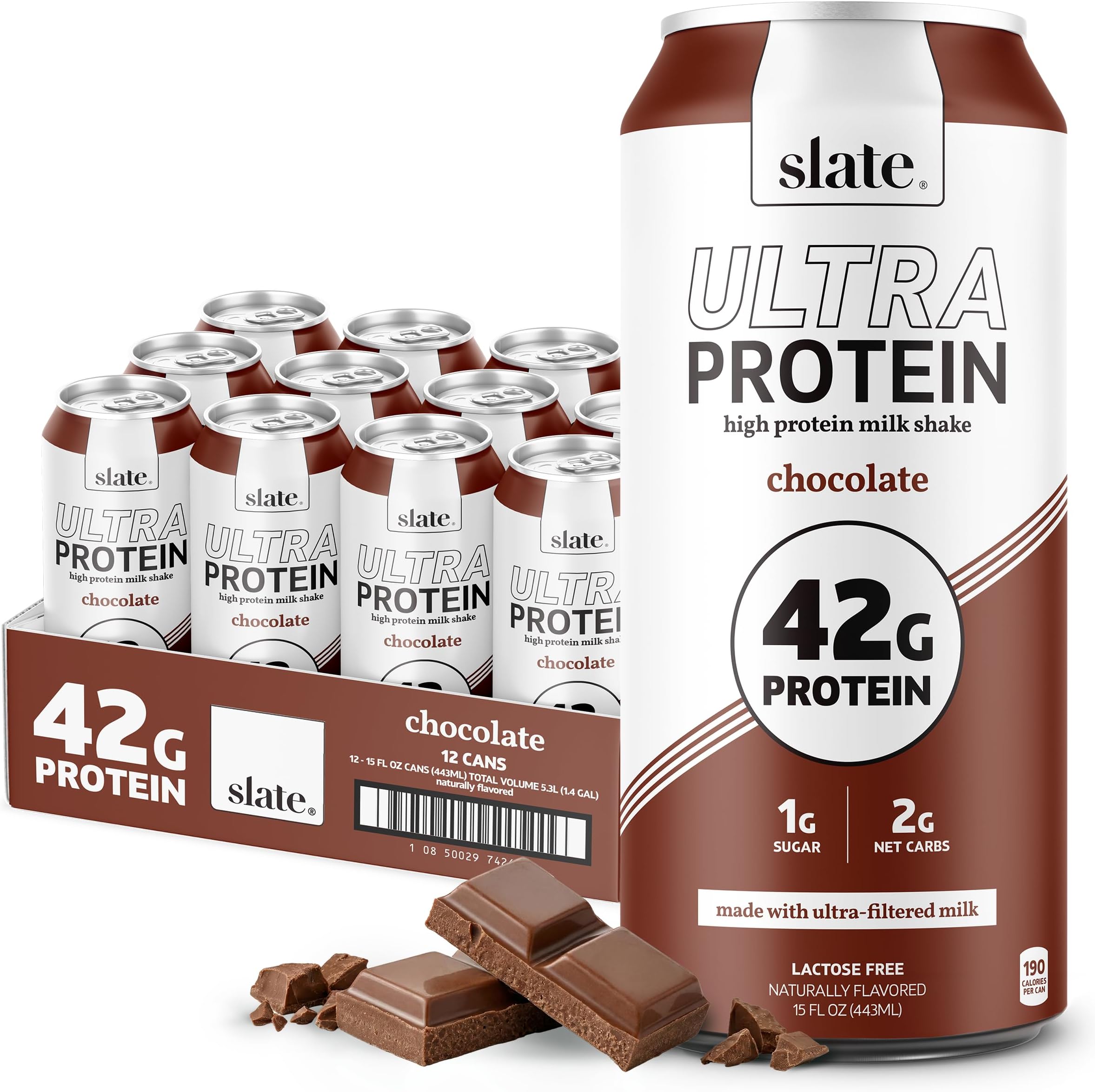 Milk - Ultra Protein Shake - Chocolate - 42g Protein, 1g Sugar, 190 Calories, 2g Net Carbs - Lactose Free, No Added Sugar - Made with Ultra Filtered Milk - Breakfast Boost, Post Workout - 15 fl oz, 12 Cans