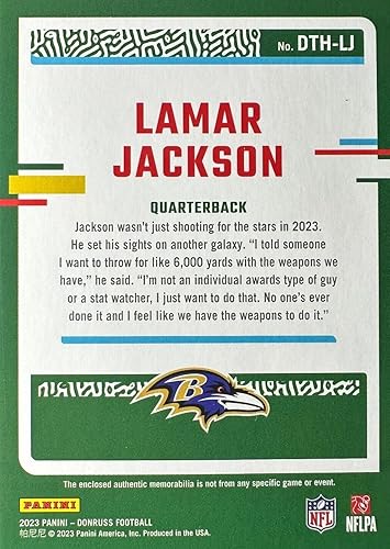 Miniatura 2 de Lamar Jackson 2023 Panini Donruss Threads Series Mint Insert Card #DTH-LJ Featuring an Authentic Purple Jersey Swatch