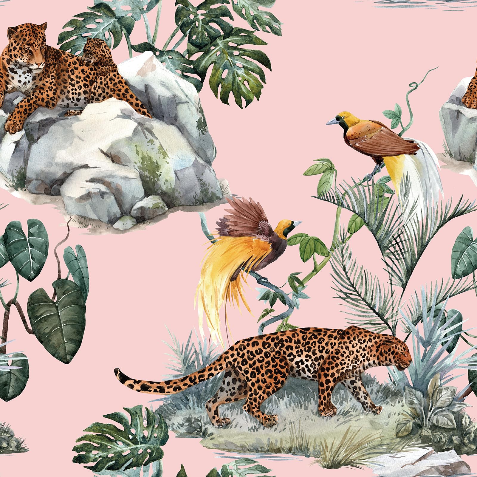 Pink Leopard Wallpaper Peel and Stick Funky Blush Pink Cheetah Jungle Wallpaper Green Tropical Botanical Palm Leaf Brown Whimsical Animals & Birds Removable Contact Paper Adhesive 17.5x80