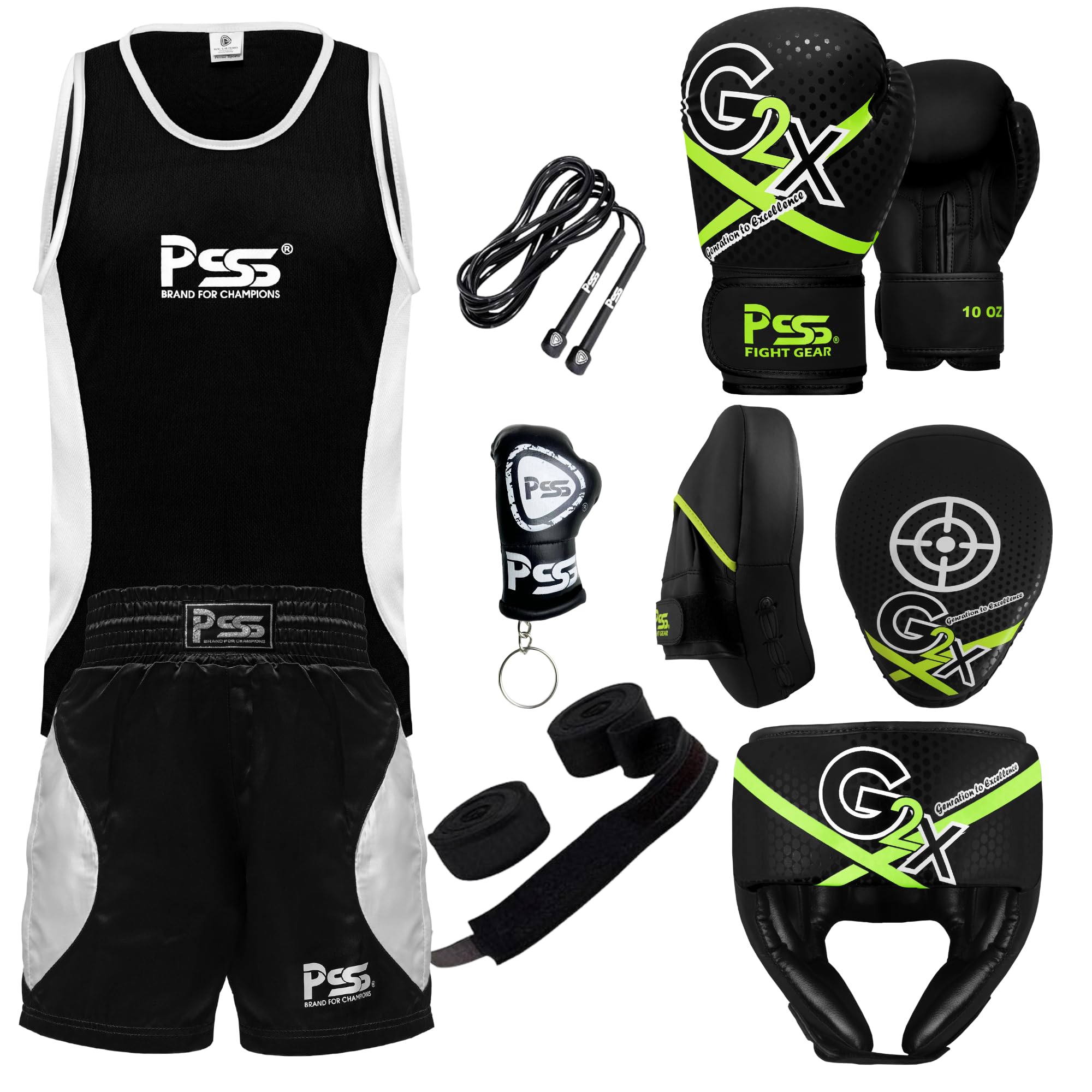 PSS Kids Boxing Set-Boxing Gloves, Uniform, Focus Pad, and Head Guard - Safe, Durable, Lightweight Equipment for Boys/Girls Youth Training, Fitness (Black, 3-4 Year/4oz)