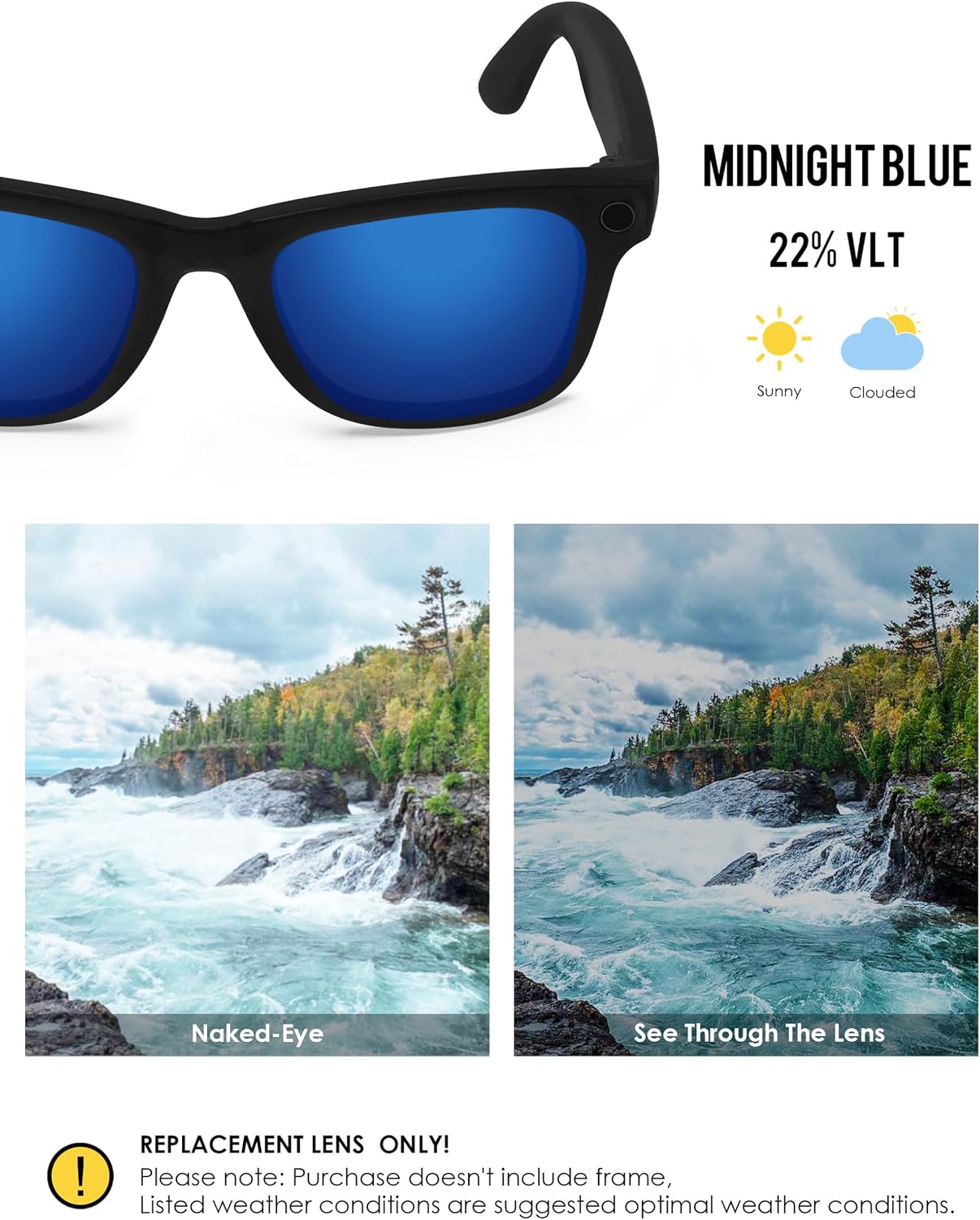 BLAZERBUCK Photochromic Replacement Lenses Compatible with Ray-Ban Meta Wayfarer RW4006 | RW4012 (Gen 2) 50mm Smart Glasses