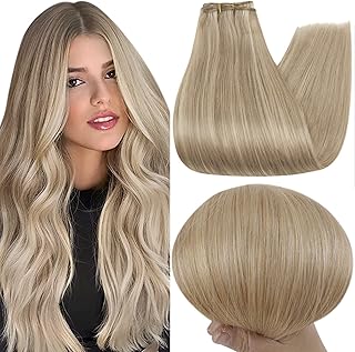 fshine Human Hair Weft Extensions 14in 100g Hair Sew in Hair Extensions Remy Hair Color 16 Golden Blonde Highlight 22 Golden Blonde Extensions Straight Real Hair Bundles Extensions Double Weft Hair