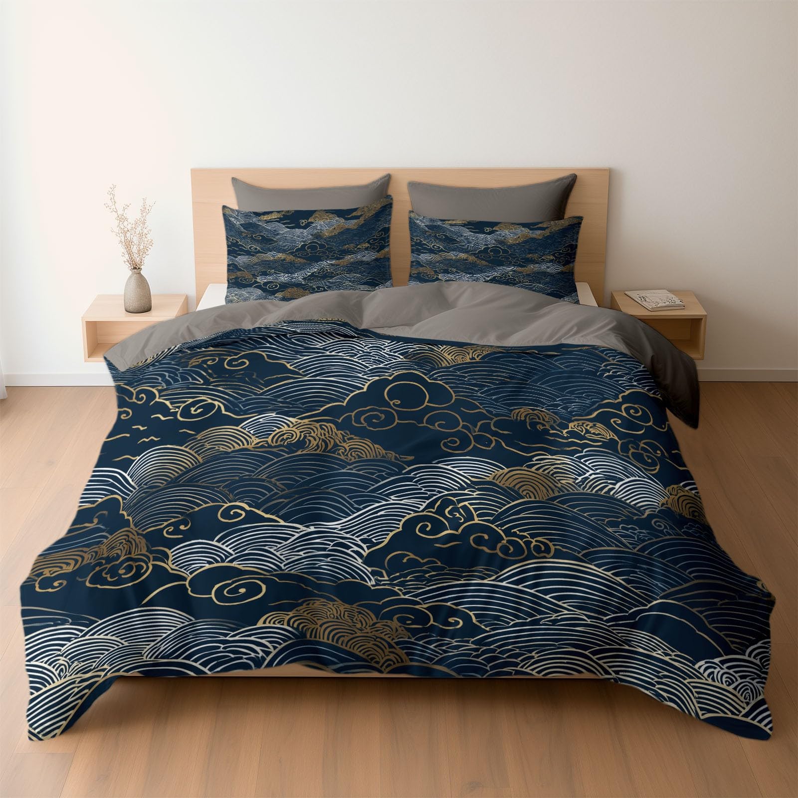 Parure de lit 1 personne vagues japonaises pour chambre moderne et zen 140x200