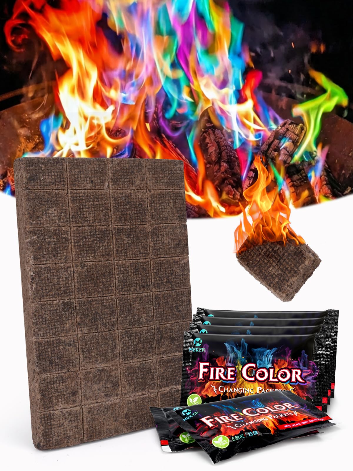 MEKER Fire Color 6 Pack & Fire Starter 32 Cube Set, Fire Color Changing Packets - Safe for Indoor Use, Fire Pit, Campfires, Outdoor Fireplaces, Bonfire, Perfect Fire Camping Accessories for Kids
