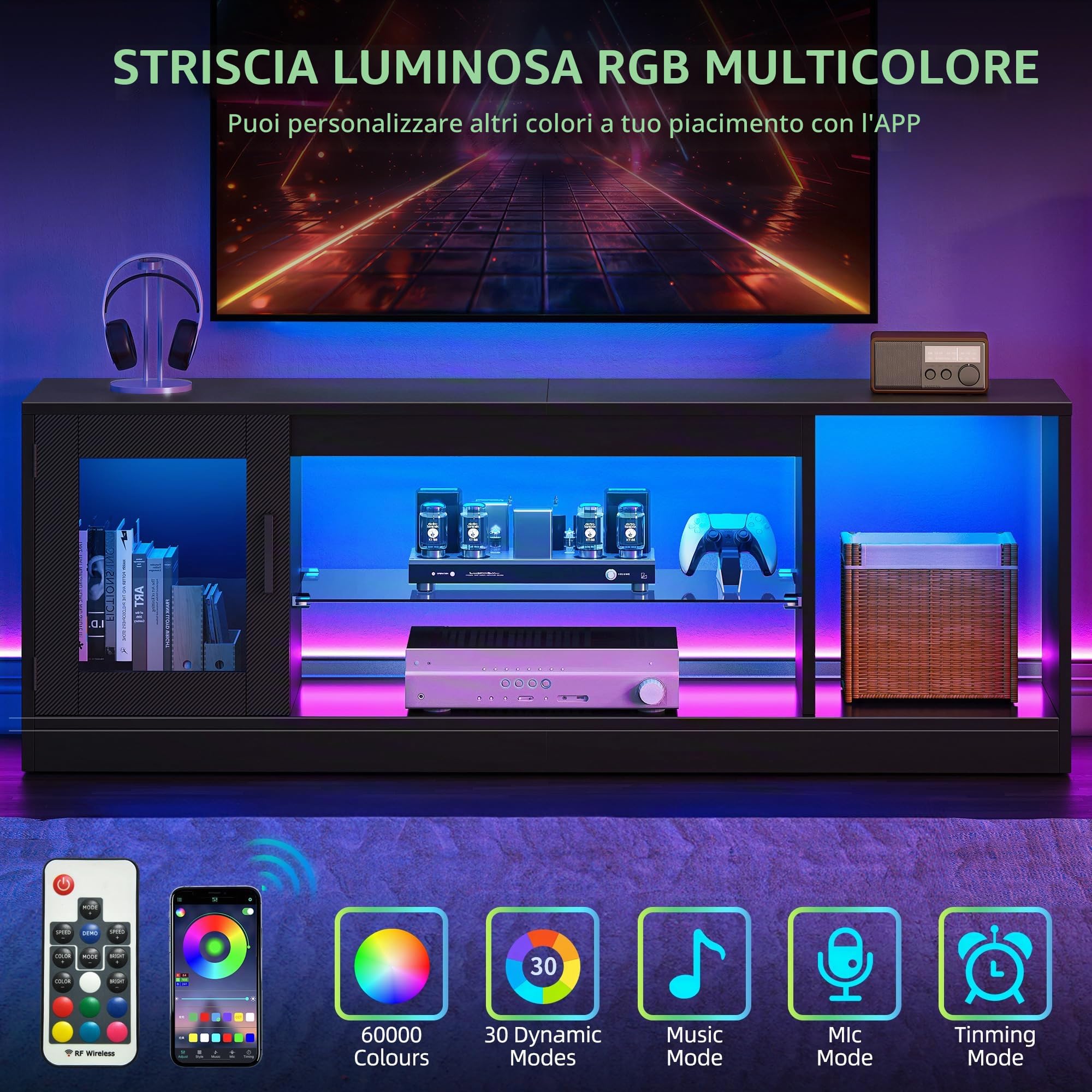 YITAHOME 148cm Mobile TV, adatto per sotto i 65 pollici, dotato di 7 luci RGB LED 22 modalità, gioco e centro di intrattenimento, Tavolino Porta TV basso pannello soggiorno